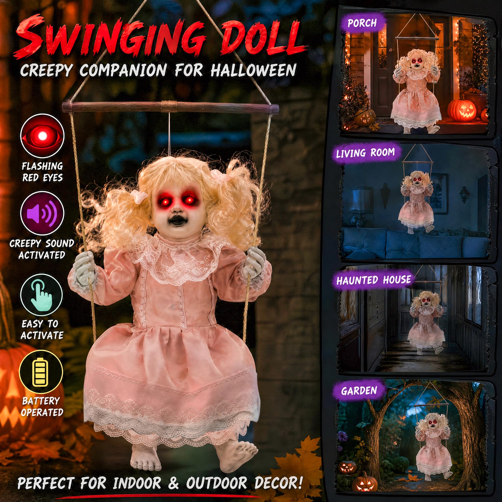 TW SHINE Decorazioni animatronic per bambole di Halloween, per esterni, ragazza oscillante da appendere con occhi illuminati, suoni raccapriccianti attivati dal suono, decorazione spaventosa per