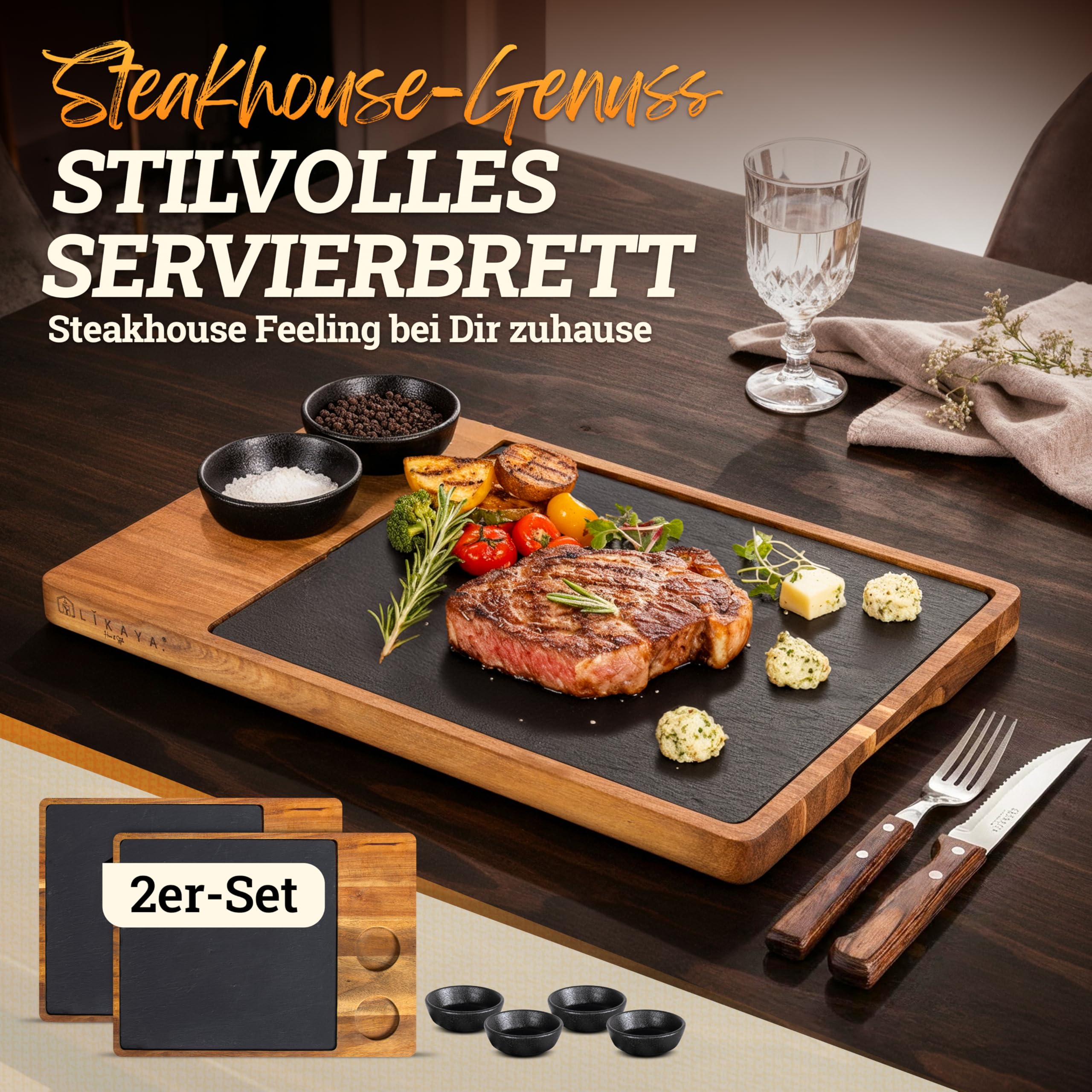 LIKAYA® Deska do serwowania XXL 'Domingo' zestaw 2 szt. z drewna akacjowego FSC z płytą łupkową i miskami na sosy | deska do grillowania, akcesoria do grillowania i prezent do steków, burgerów i