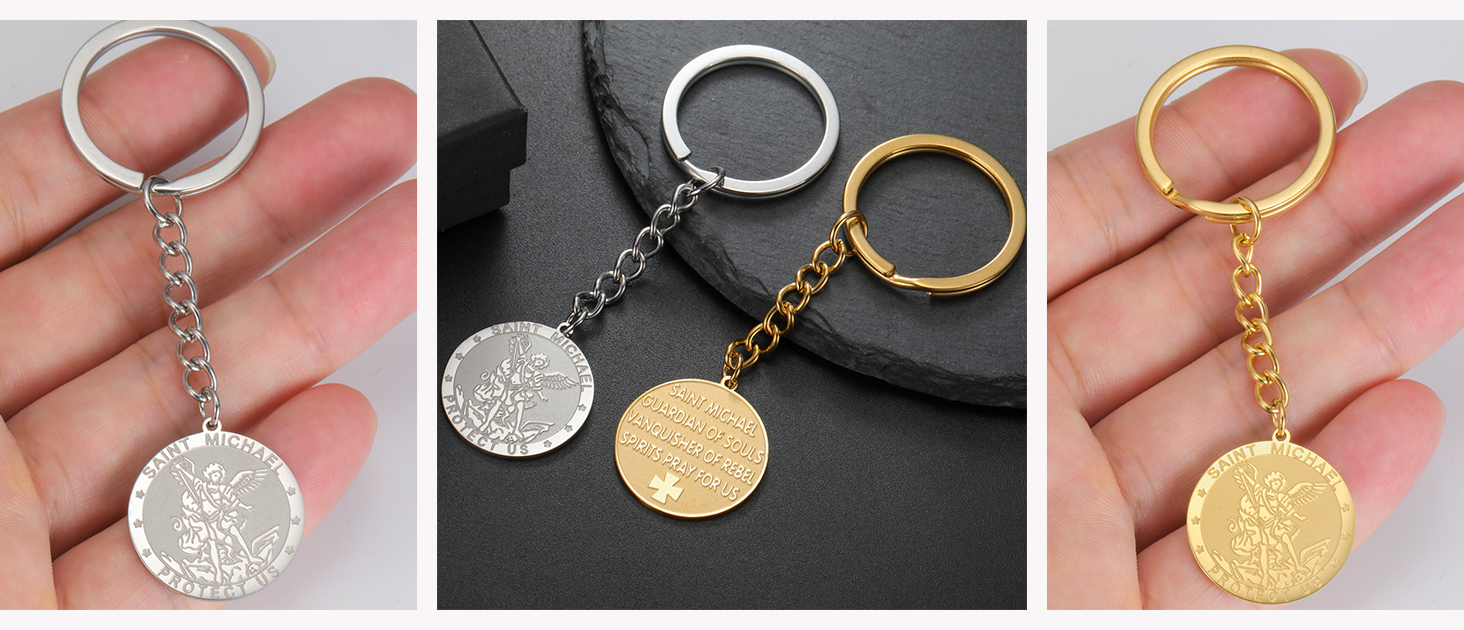 TEAMER Portachiavi San Michele In Acciaio Inox Portachiavi Religioso San Michele Il Grande Protettore Arcangelo Amuleto Portachiavi, Argento, 25*27mm - Foto 2