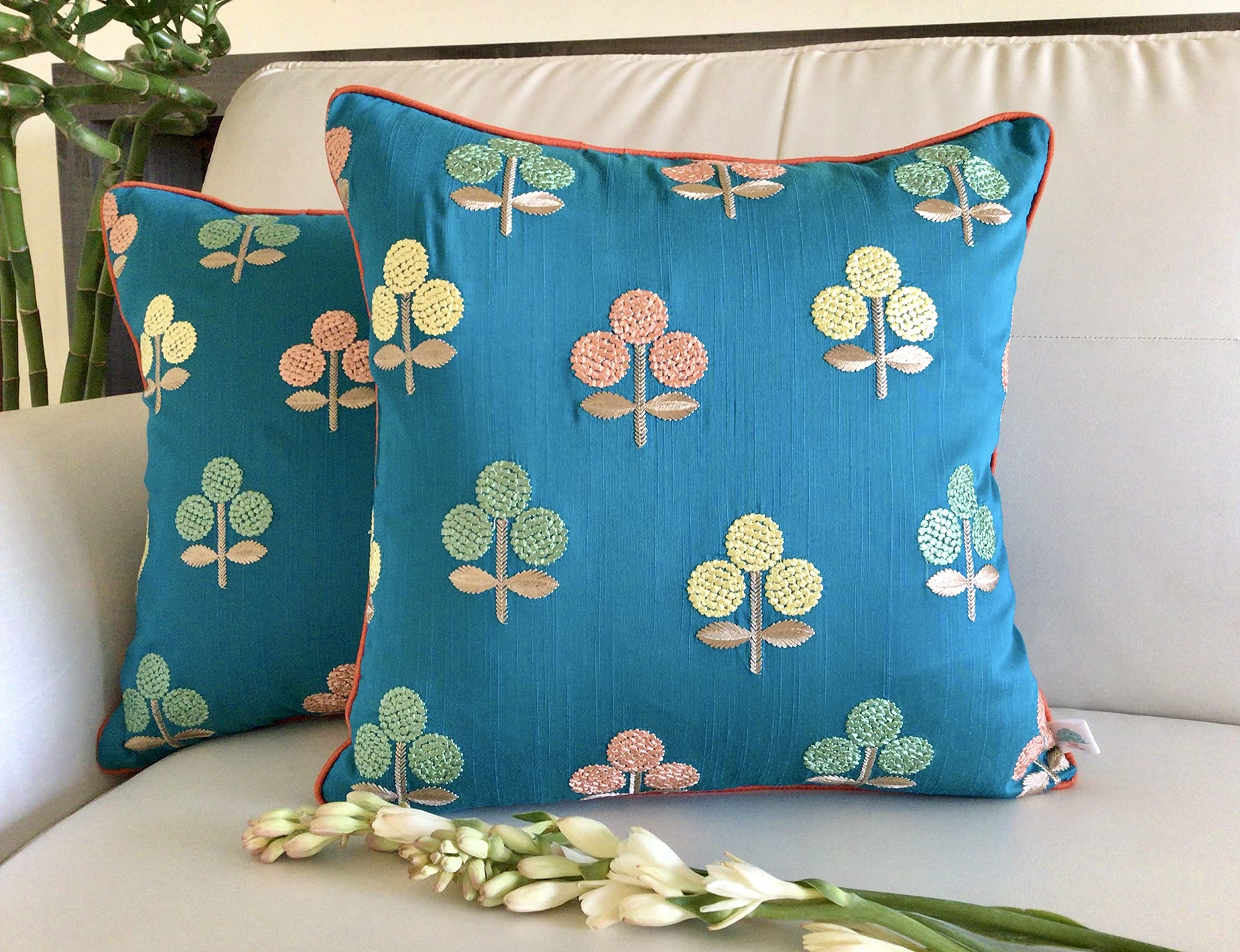 TARA- Sparkling Homes Silk Blend Tara Sparkling Homes Embroidered 250 TC Cushion Covers 18 X 18 Inches Floral Set Of 2 (Chinar- Blue)-image-47