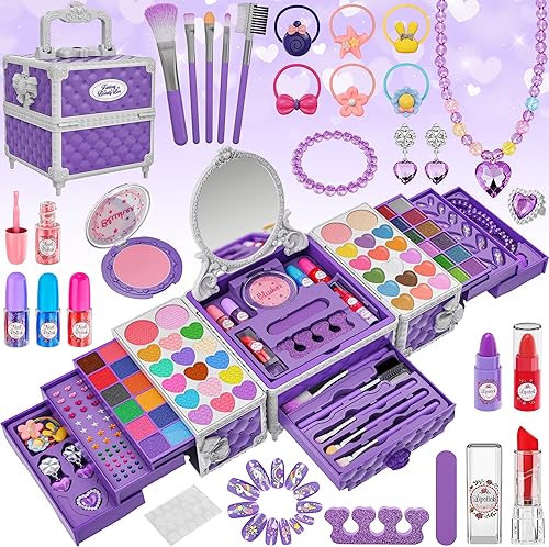 Juego de 99 piezas de maquillaje para niñas, juguetes de princesa, juego de cosméticos lavables con espejo, lazos para el cabello, uñas, anillos,