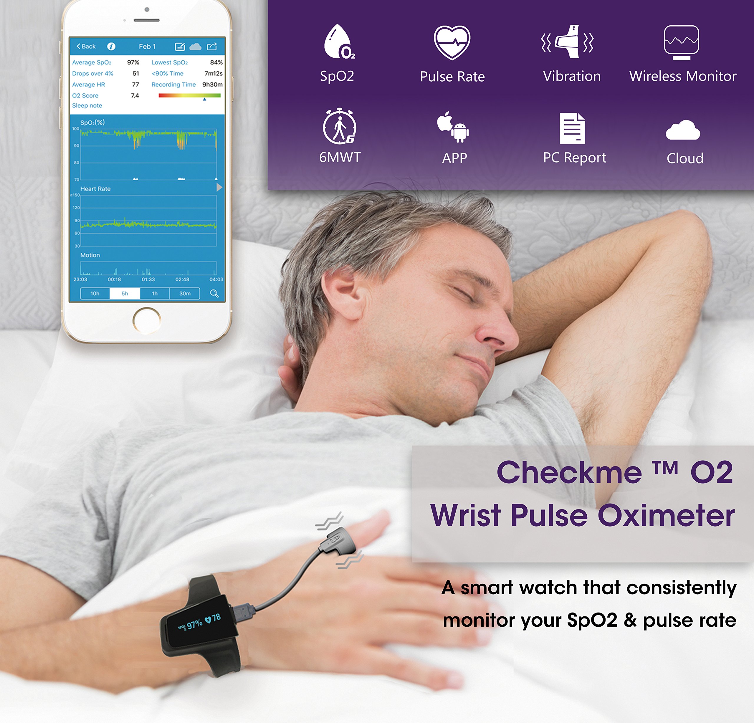 Checkme ™ O2 oxygène & cardiofréquencemètre-système d'oxymétrie de pouls avec capteur de pouce alarme de vibration-aide pour l'apnée du sommeil