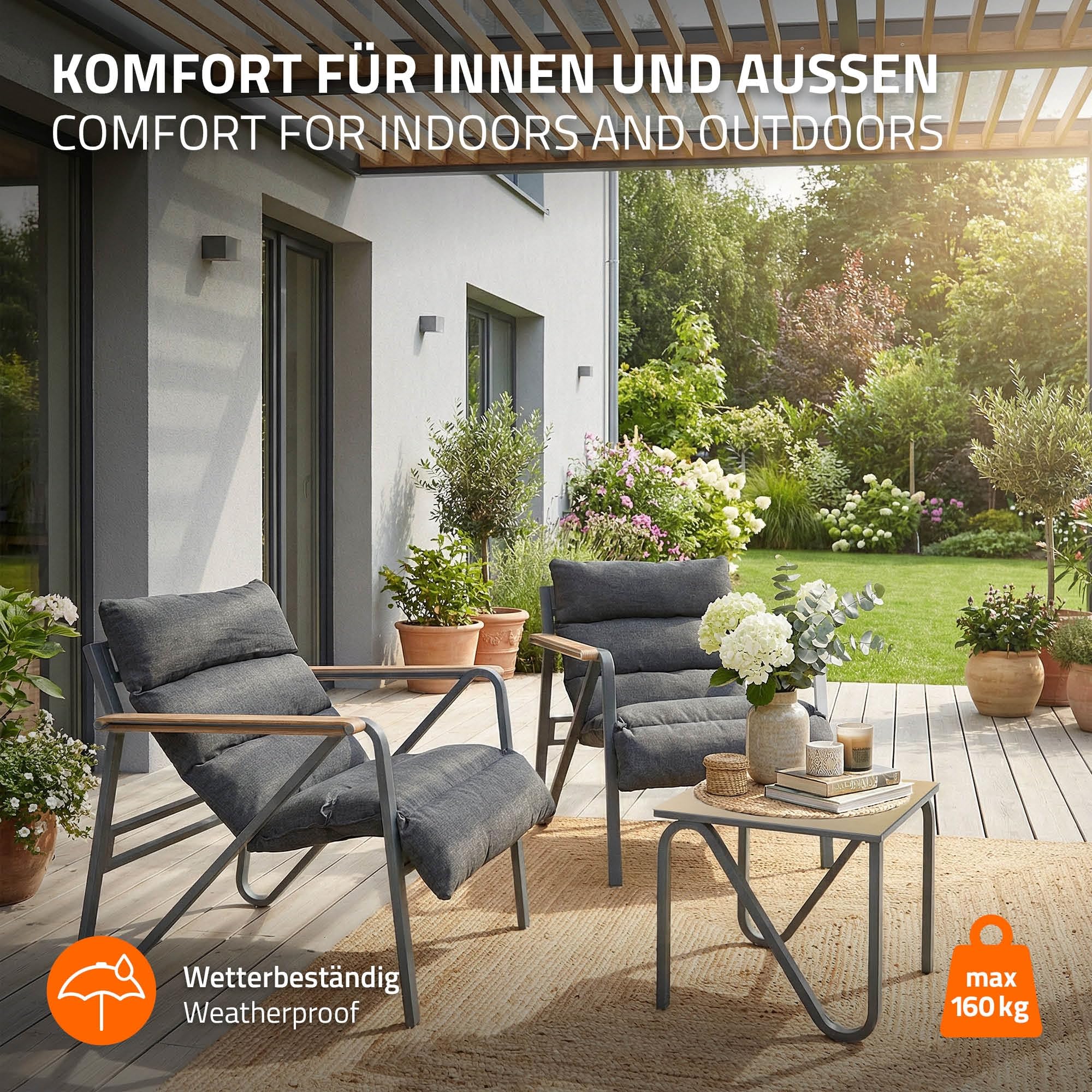 ML-Design Set Mobili da Giardino 3 Pezzi, Set Bistrot da Esterno in Acciaio, Grigio - Antracite, Include 2 Sedie con Cuscini e 1 Tavolo, Set Lounge per Terrazza e Balcone, Resistente alle Intemperie