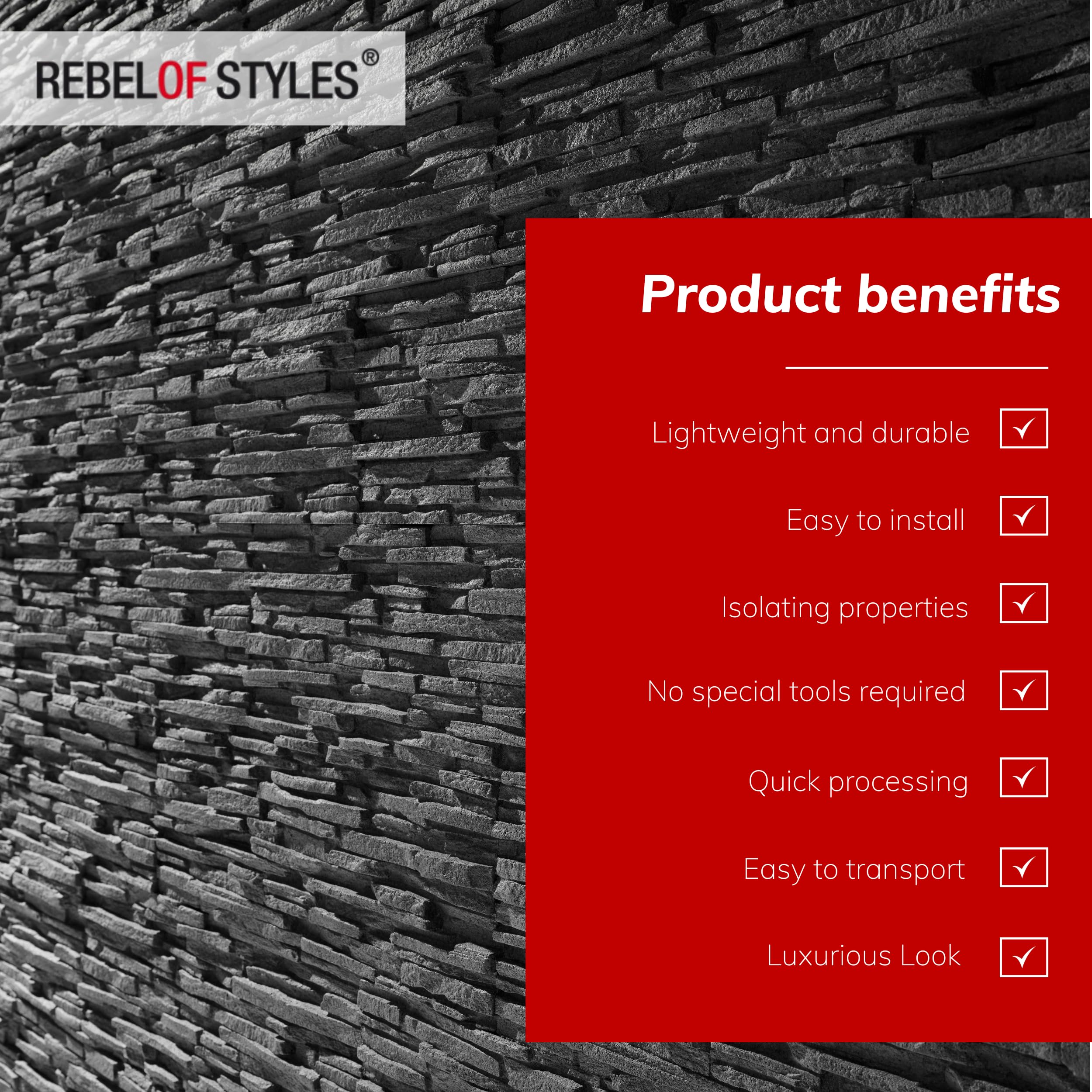 Rebel of Styles - UltraLight Tasso Black - 0,63 m² / 6 pièces - Panneaux muraux/revêtements/plaques en EPS aspect pierre naturelle - Décoration murale en mousse avec isolation