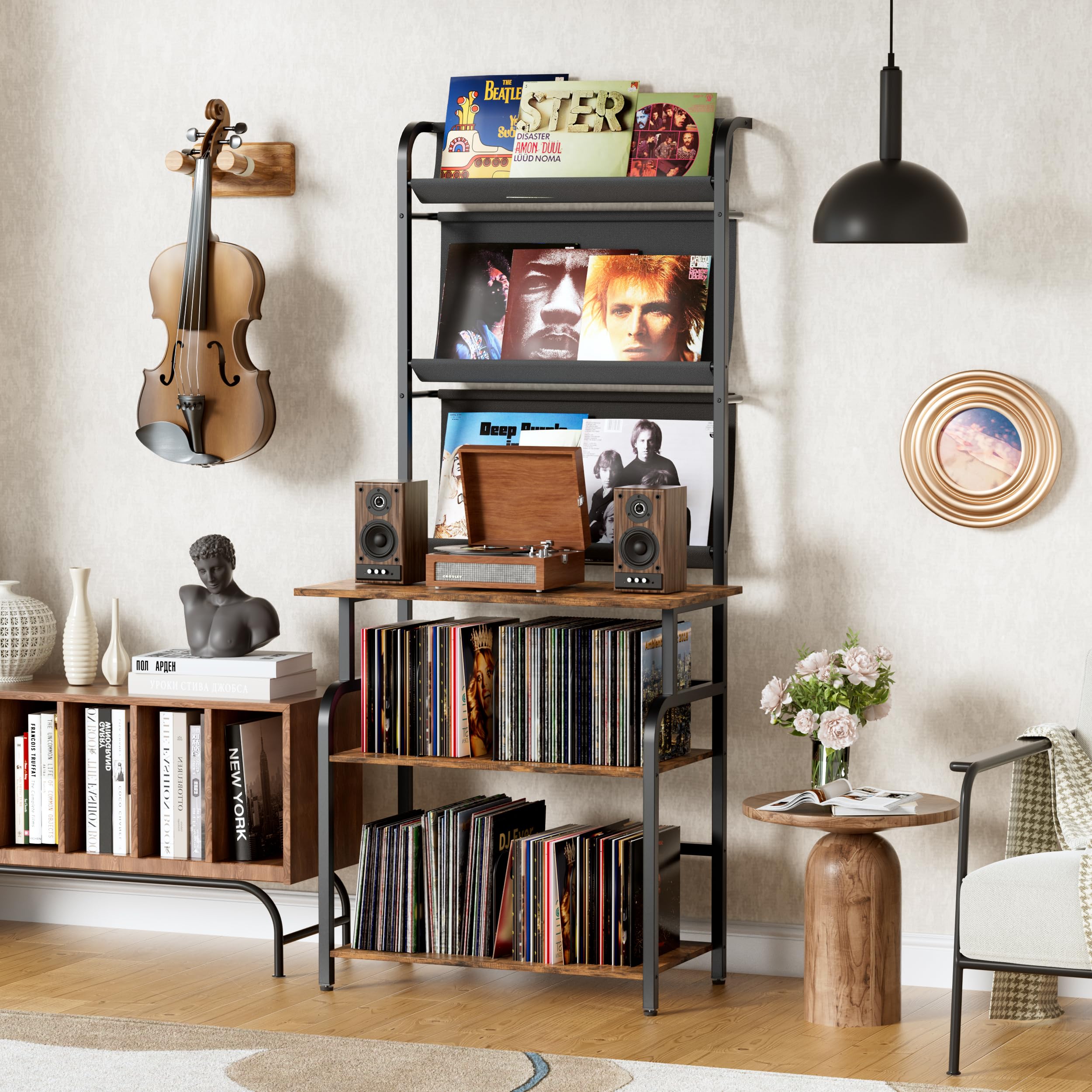 6 étages Platine Support Vinyle Rangement,Présentoir pour Disques Vinyles avec 3 étages rangement de disques vinyles,Armoire Table de Tourne,Tourne Disque Vinyle Stockage pour Salon,Studio,78x169x38cm