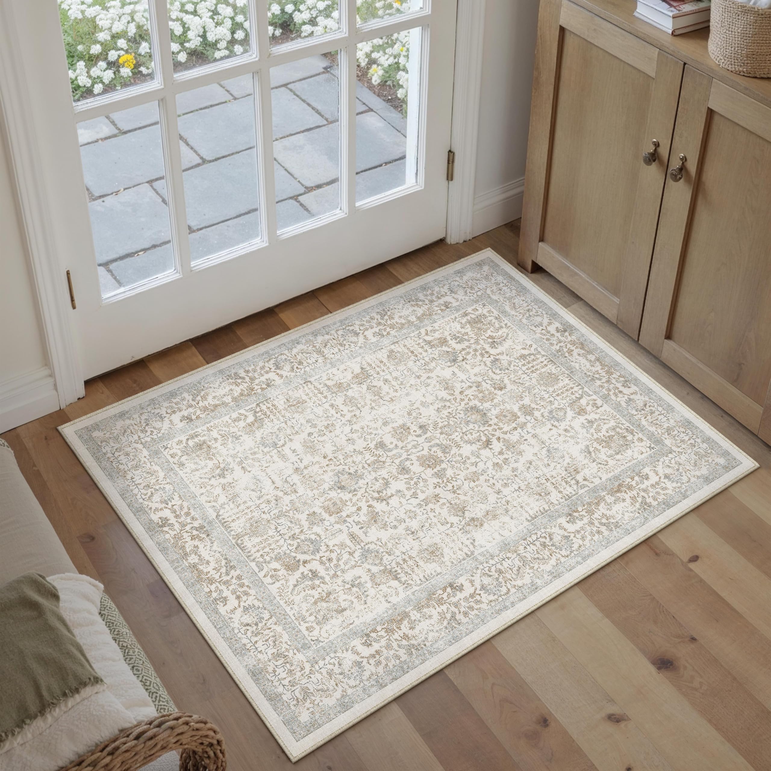 PureCozy Taupe Entryway Area Rug 2x3 Door Mat Machine Washable Kitchen Vintage Distressed Non Slip Carpet Indoor Retro Floral Accent Throw Small Rug