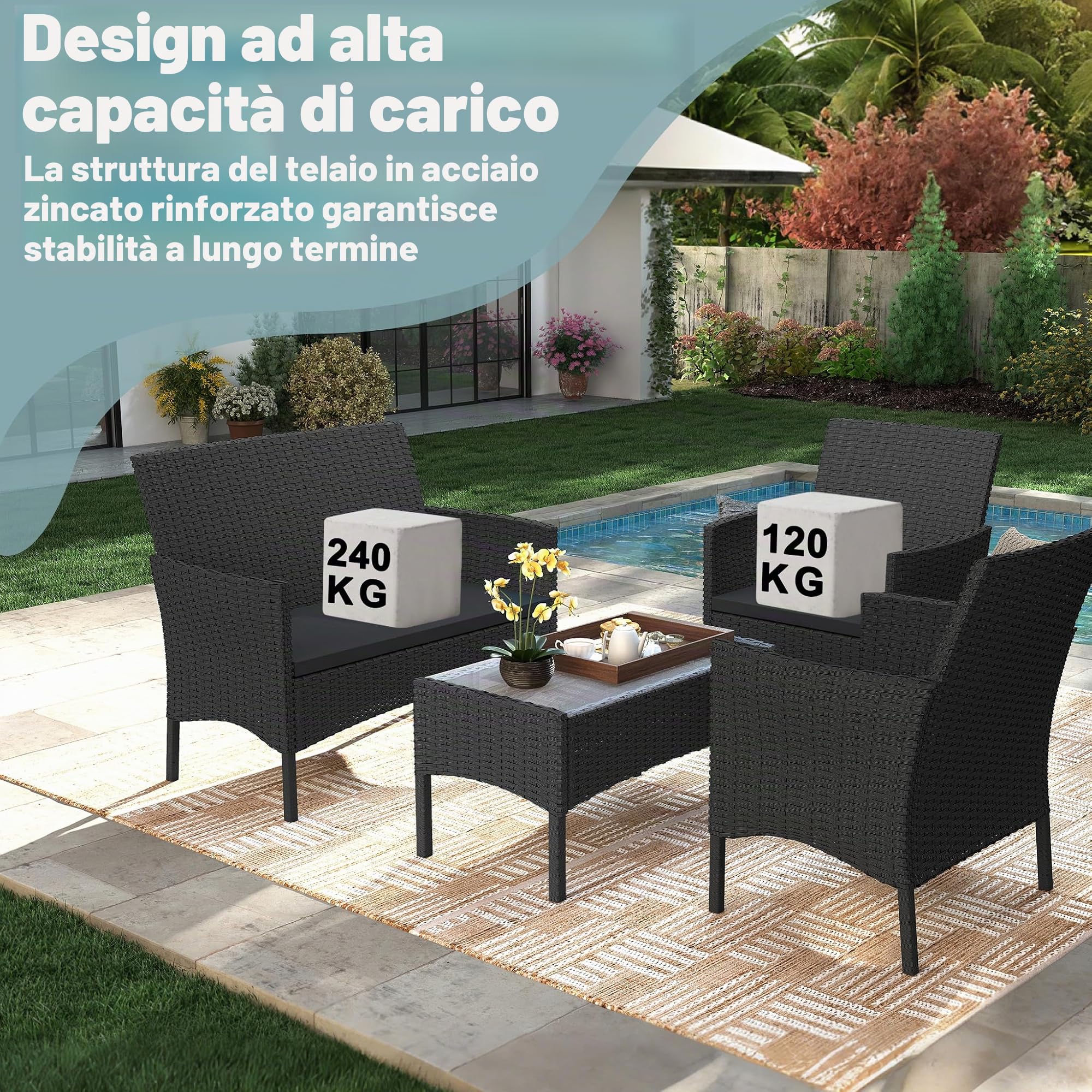 UISEBRT Mobili da giardino in polyrattan per 4 persone, con 1 divano doppio, 2 divani singoli, 1 tavolo con piano in vetro e cuscino, per esterni, resistenti alle intemperie, per terrazza, giardino