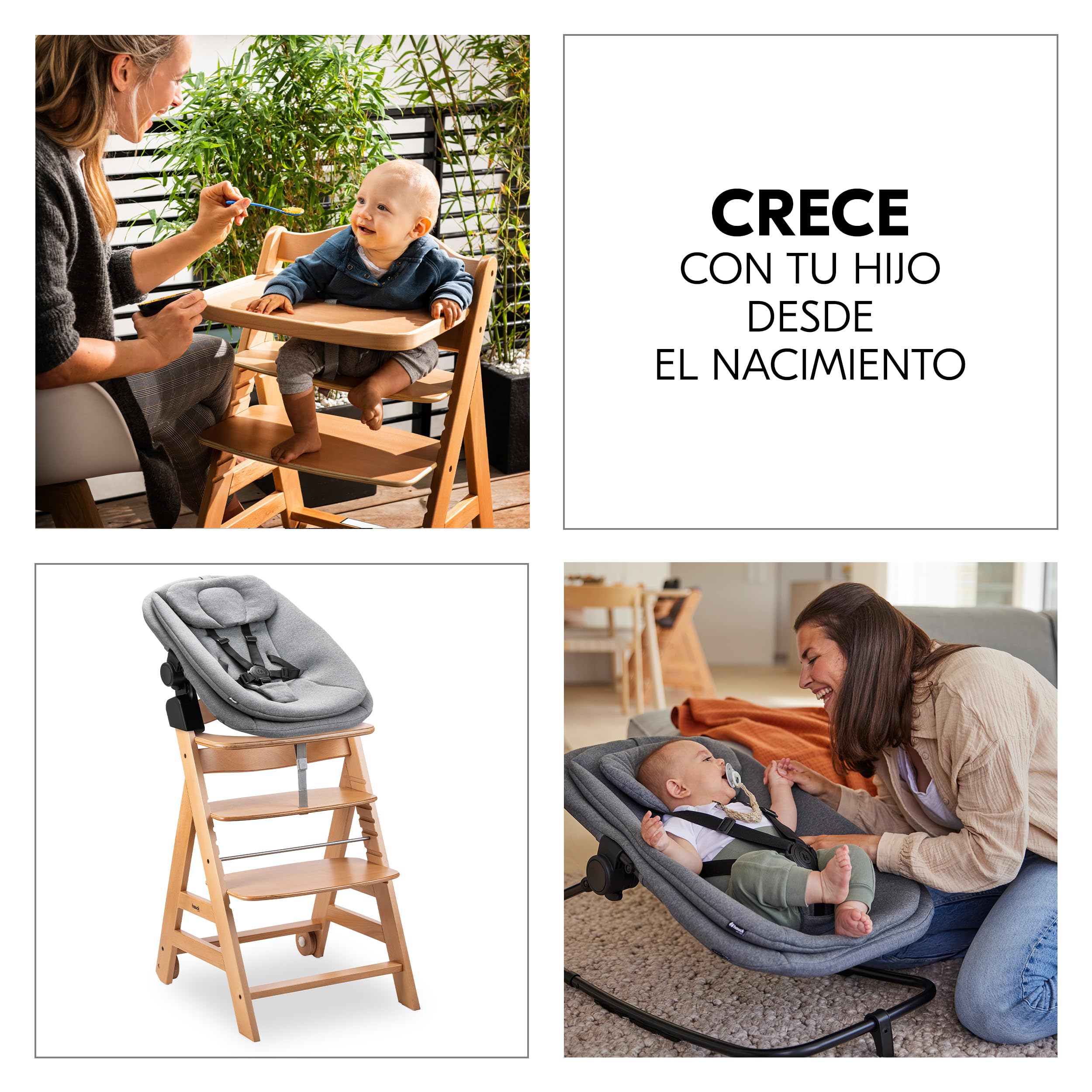 hauck Beta Plus Trona Bebé Newborn Set con Highchair Bouncer - Natural | Silla alta evolutiva con ruedas desde nacimiento | incl. Highchair Bouncer, bandeja y cojín