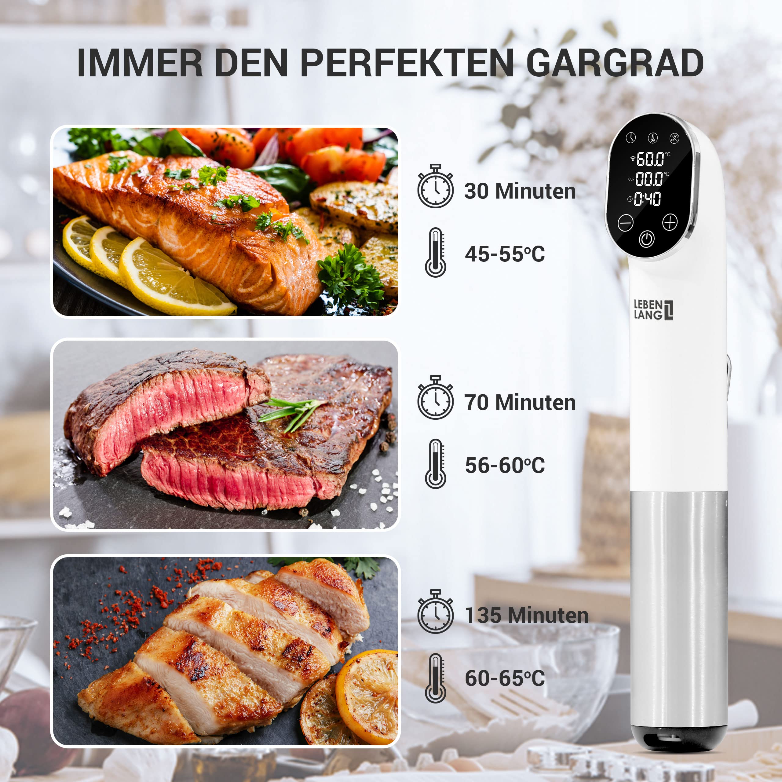 LEBENLANG 1200W Sous Vide Stick - Mit App-Steuerung I Edelstahl Su Vide Garen mit Timer für Fleisch Fisch Gemüse| Souvidestab Souse Garer | Susvide Sovit Souvidgarer Sou Vid Souc Vide Stab Stick
