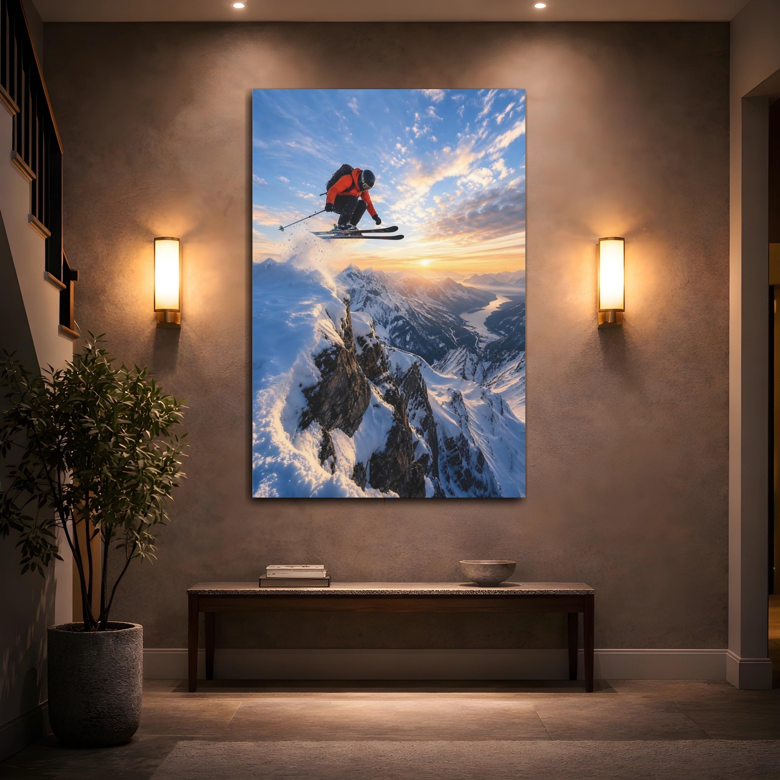 Sports Skier Orange And Blue Canvas Print – Living Room, Above Fireplace 32×48 inch (80×120 cm) - Vertical / 1.25 inch (3 cm)