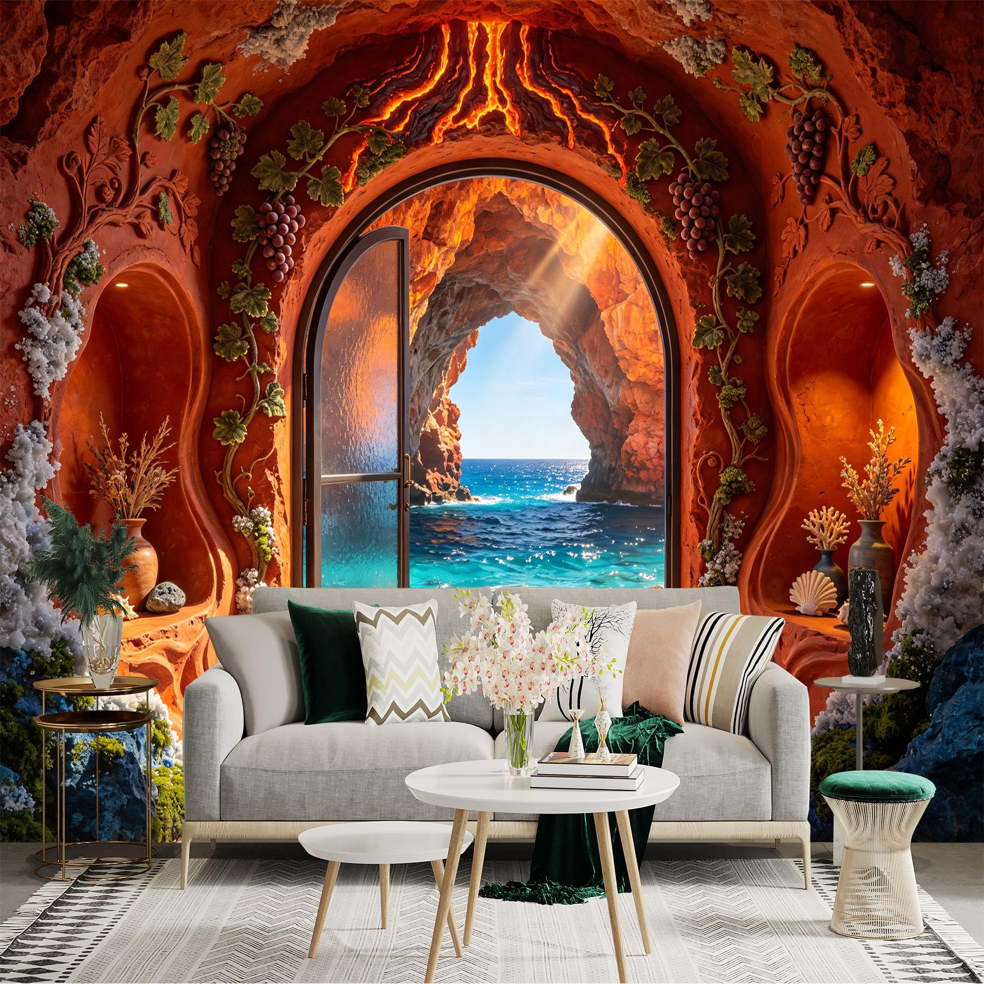 Lnzczhyre Bh260719431 Custom Size Wall Sticker Mural， Mediterranean Sea View Through Stone Cave Archway， Tropical Beach Scenery， For Wall Decoration， Peelandstick Wall Decals.