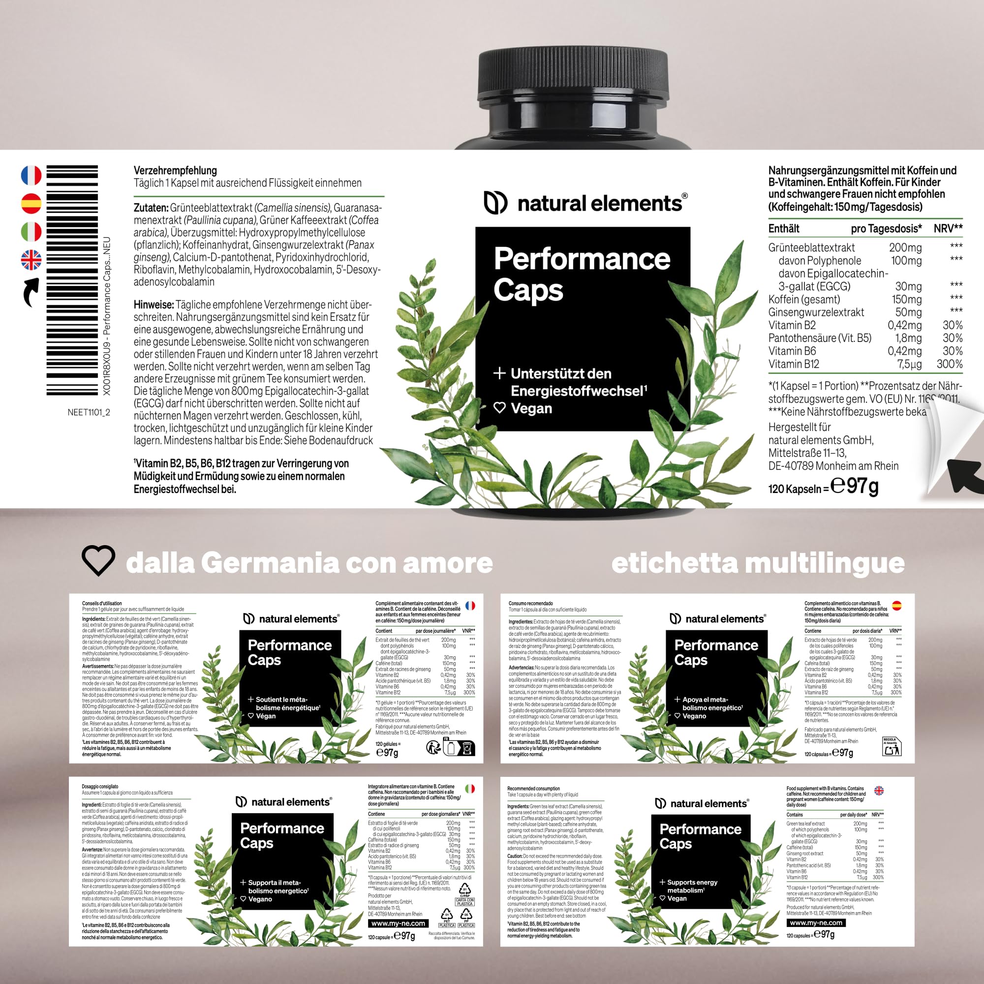 Performance Caps – 120 capsule di caffeina con tè verde, guarana e chicchi verdi di caffè – vitamine B – vegane, alto dosaggio, senza additivi – prodotto e testato in laboratorio in Germania
