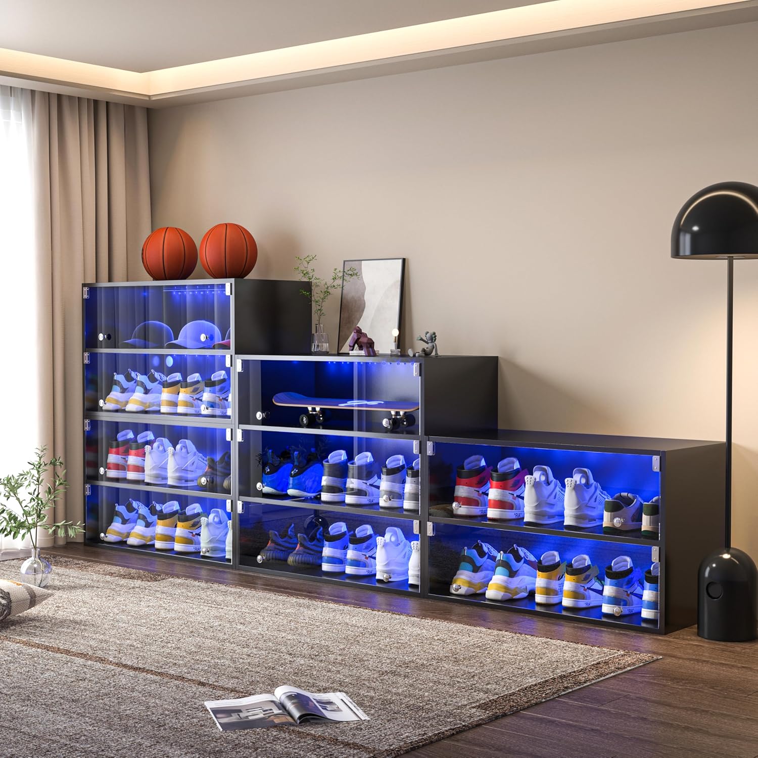 Stackable Sneaker Storage with LED Lights for Up to 9 Pairs of Shoes, 3 Layers Shoe Rack with Thick Glass Door, Clear Shoe Boxes and Wooden Showing Sneaker Case for Space Saving, Black