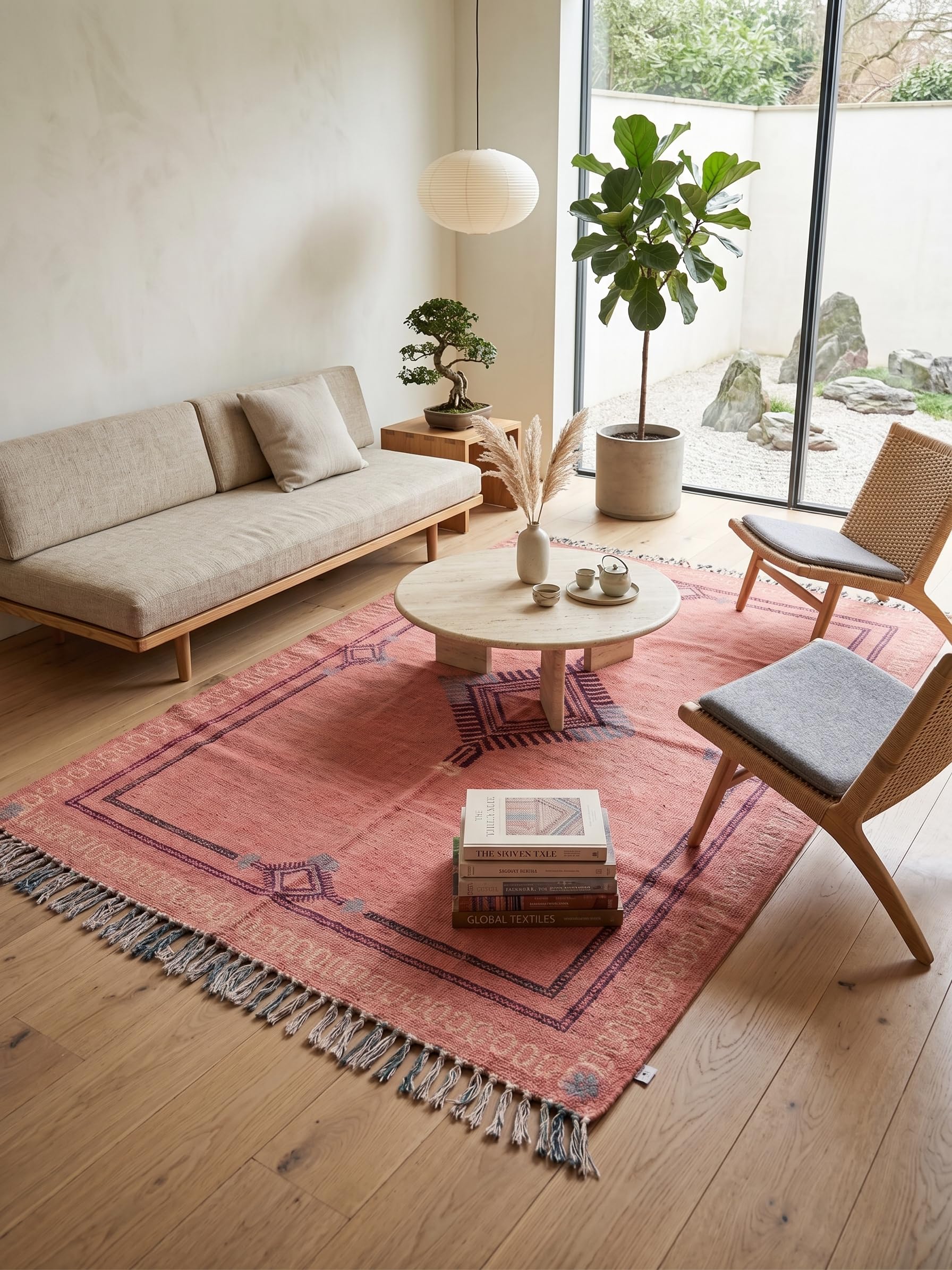 Hand Block Printed Cotton Area Rug, 4x6 Ft, Coral Pink with Indigo Geometric Border, Flat Weave, Fringes, Living Room-image-19