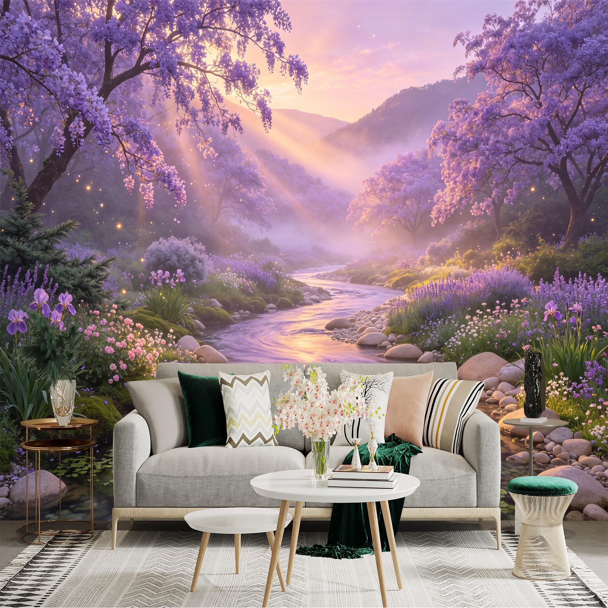 Lnzczhyre Bh260719724 Custom Size Wall Sticker Mural， Enchanted Purple Flower Forest， Flowing River Landscape， Misty Sunset Scenery， For Wall Decoration， Peelandstick Wall Decals.