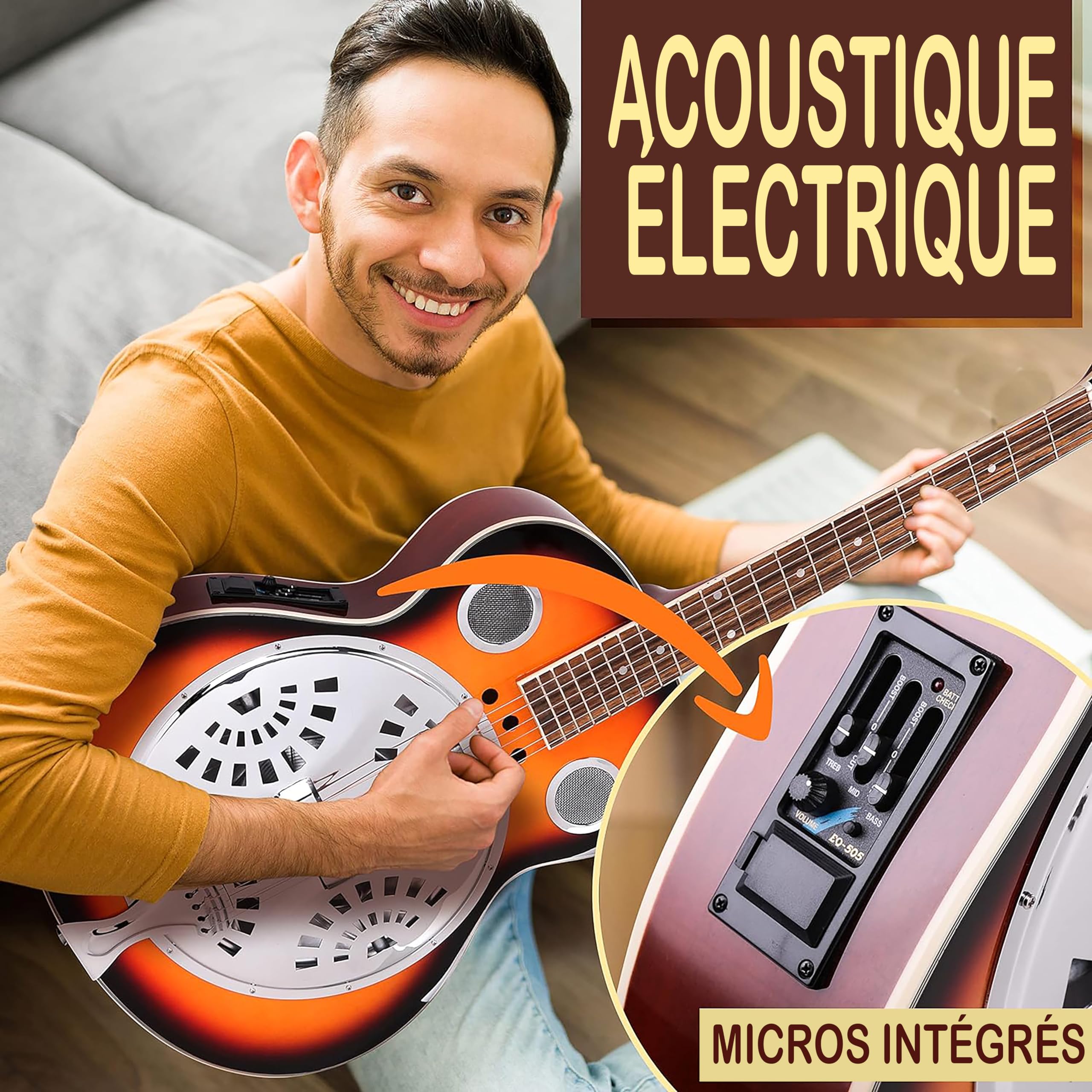 Pyle Guitare - Guitare Electro Acoustique Résophonique, Résonateur Traditionnel à Manche Rond Taille Réelle, Préamplificateur Intégré, Blanc