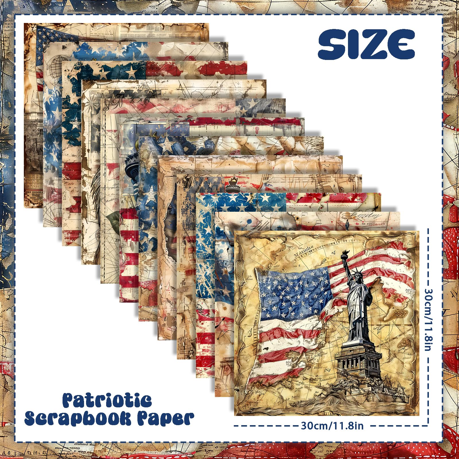 Zestaw 24 arkuszy papieru w stylu retro, patriotyczny, do scrapbookingu, 30 x 30 cm, czerwone i niebieskie gwiazdki, papier rzemieślniczy, składany na płasko, do tworzenia kart, scrapbookingu