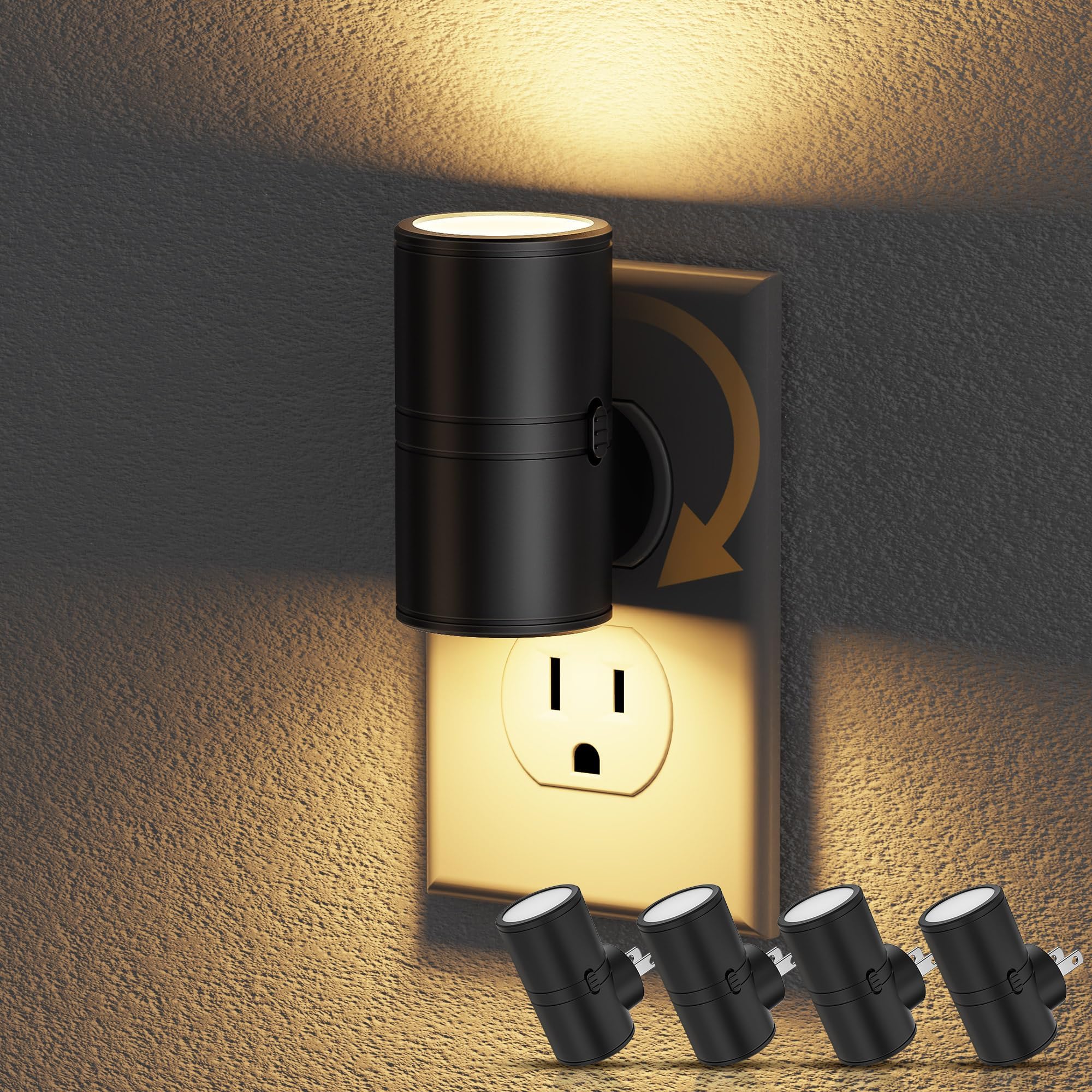 JandCase LED Night Light Plug in, Rotating Night Lights Plug into Wall [4 Pack], Dusk to Dawn Sensor, 2 Level Brightness Adjustable Nightlight, Warm White 3000K, for Bathroom Bedroom Hallway Stairs