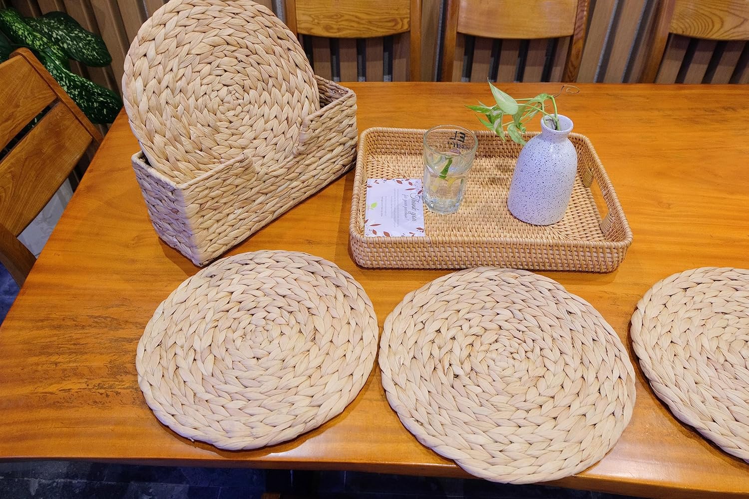 Ankur Woven Placemats for Dining Table Set of 6 All Natural Wicker Tablemats Hand Braided from Water Hyacinth Adorable Thick Rustic Round Kitchen Placemats with Decorative Tall Holder 11.8 Inches