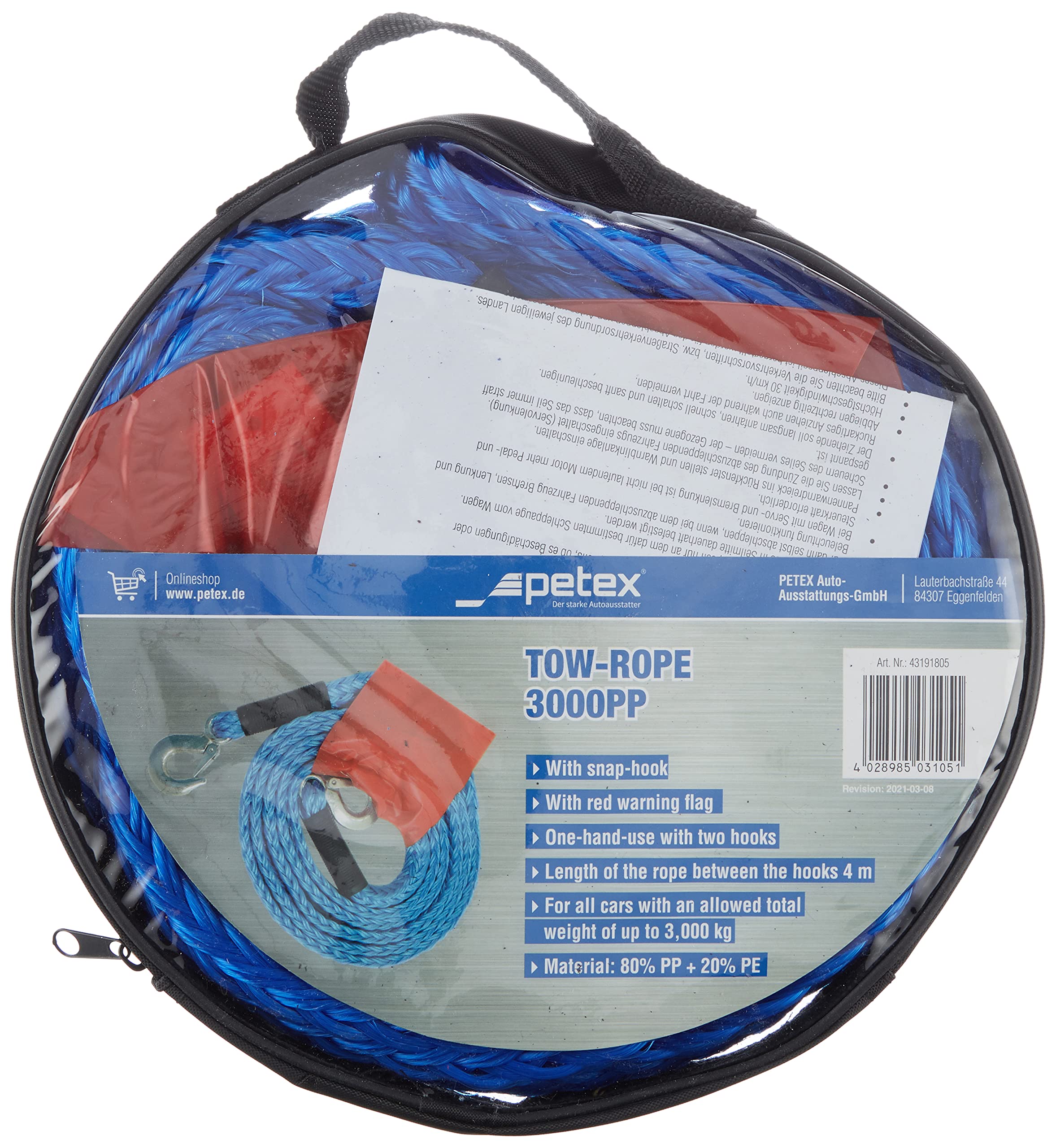 PETEX 44623598 Starthilfekabel 25 mm², mit Überspannungsschutz, Länge 3,5 m & 43191805 84624 Abschleppseil bis 3000 kg, Wohnmobile, SUV, Quad, Pkw