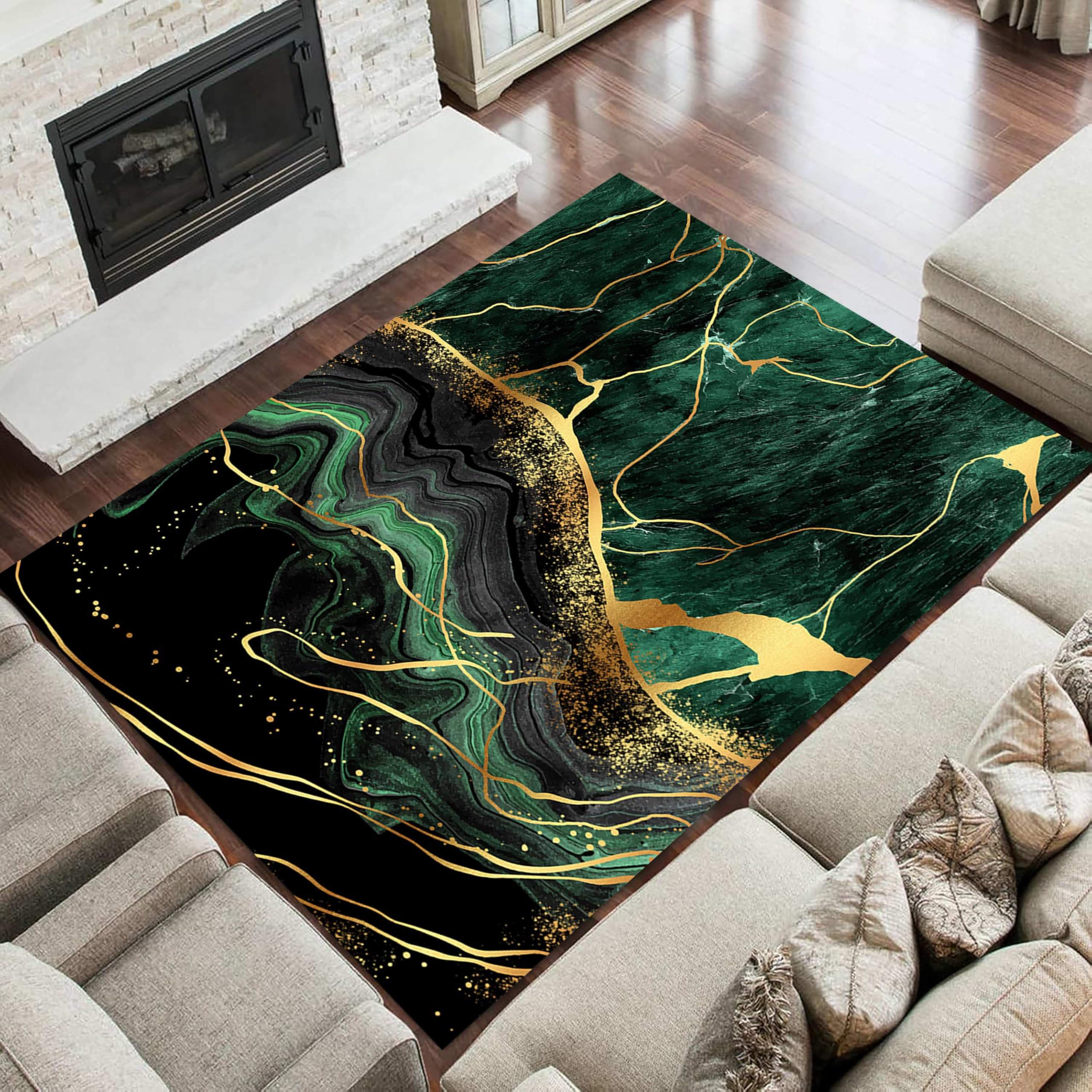 MUOUCTE Dark Green Gold Marble Area Rug, 160x200cm, Modern Minimalist Abstract Splash Ink Turquoise Marbling Design Funky Carpet, Cozy Low Pile Non Shedding Art Deco Mat for Dining Room Office