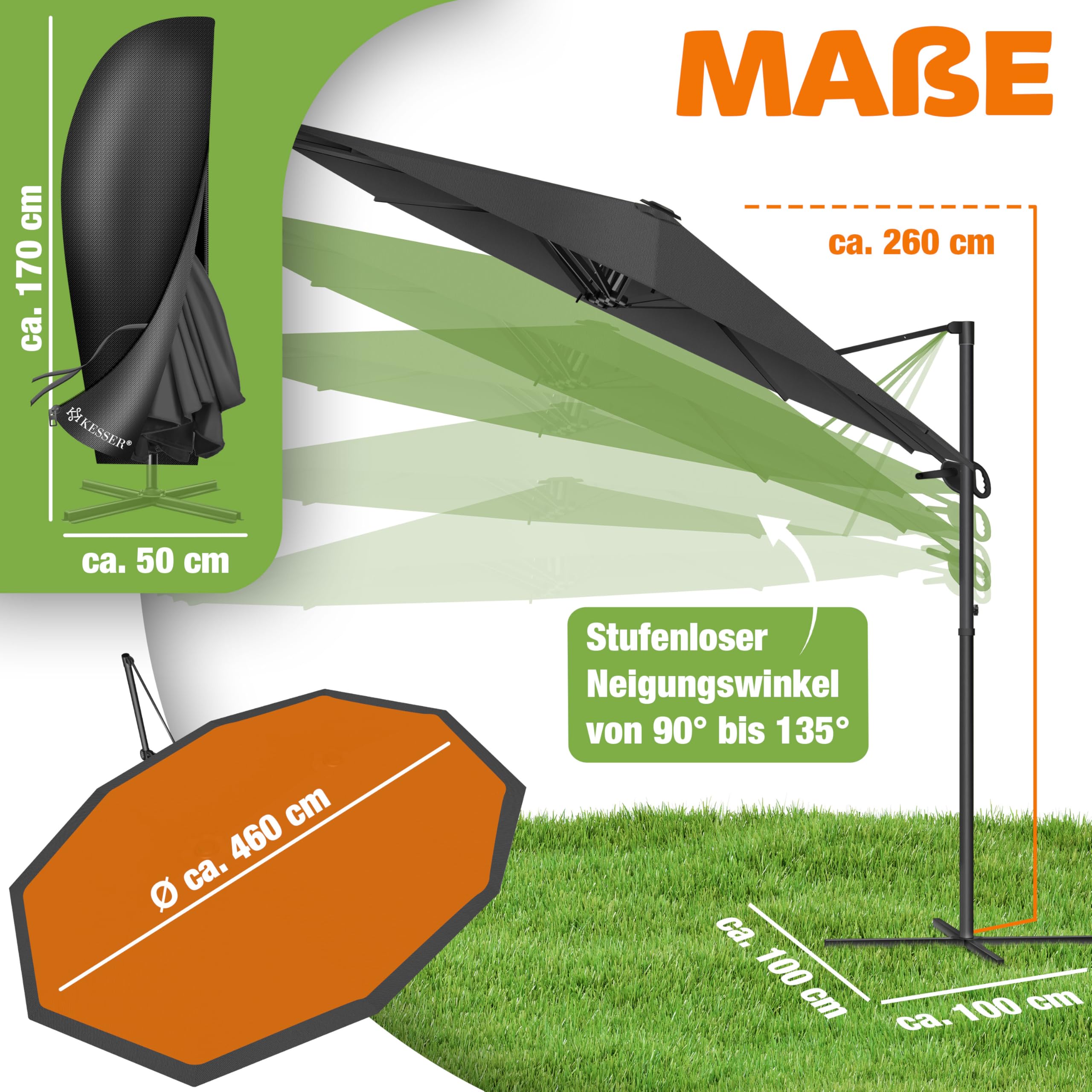 KESSER® Sonnenschirm Doppelsonnenschirm 4,6m x 2,7m | Ampelschirm Abdeckung & Windsicherung mit Kurbel & Ständer | Kurbelschirm Aluminium wasserabweisend | Neigbar Kippbar 360° Drehbar