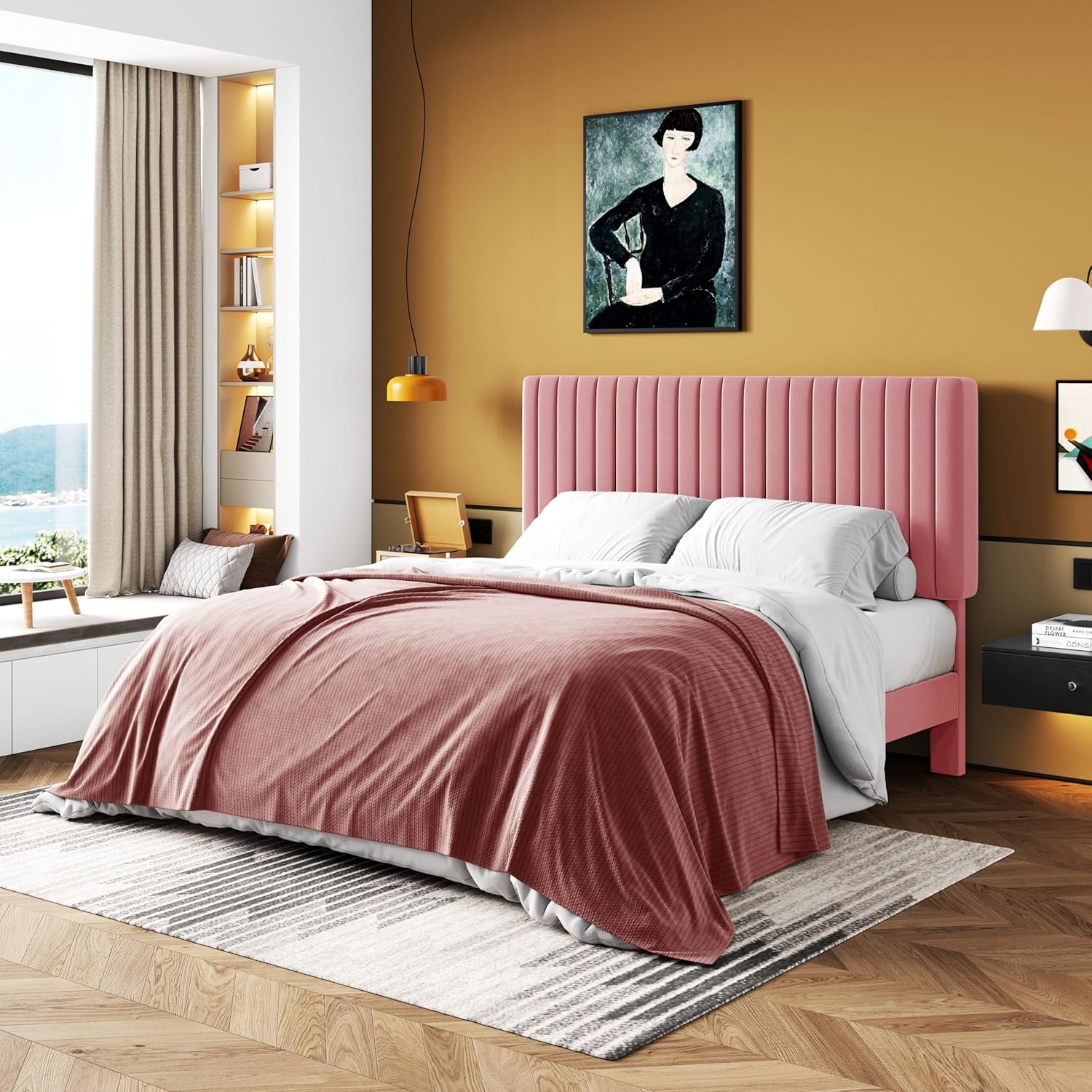 A fully assembled HOOMIC Full Size bed frame in pink with a mattress and bedding, set in a modern bedroom.