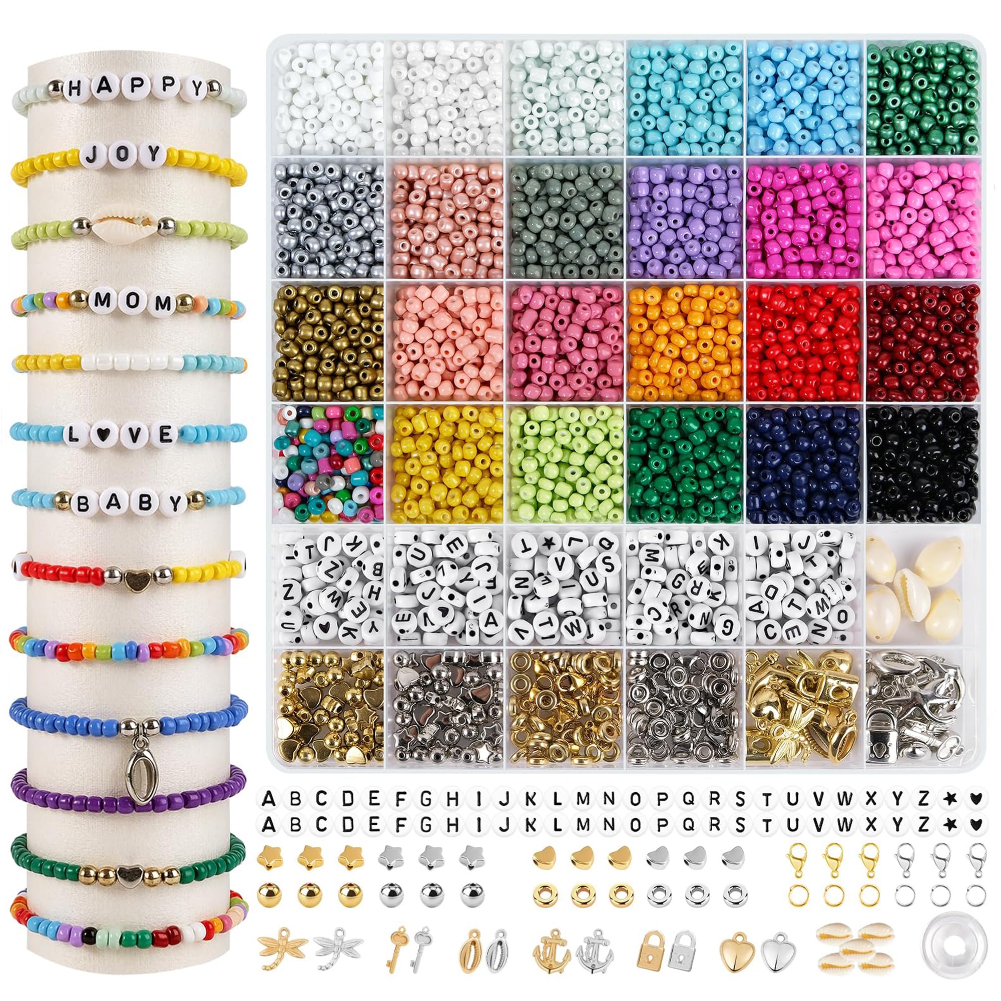 EUES 4mm Perlen für Armbänder,Perlen zum Auffädeln mit A - Z Buchstabenperlen,Armbänder Selber Machen mit Glasperlen,Perlen Set für Schmuckherstellung DIY Halsketten Handwerk
