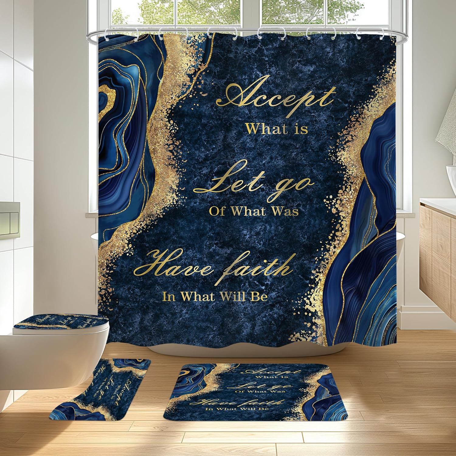 Omifly Black Gold Marble Shower Curtain Sets 4Pcs Men Inspirational Quotes Abstract Modern Luxury Waterproof Bathroom Decor Set with 12 Hooks, Rugs and Accessories with Bath Mat and Toilet Lid Cover