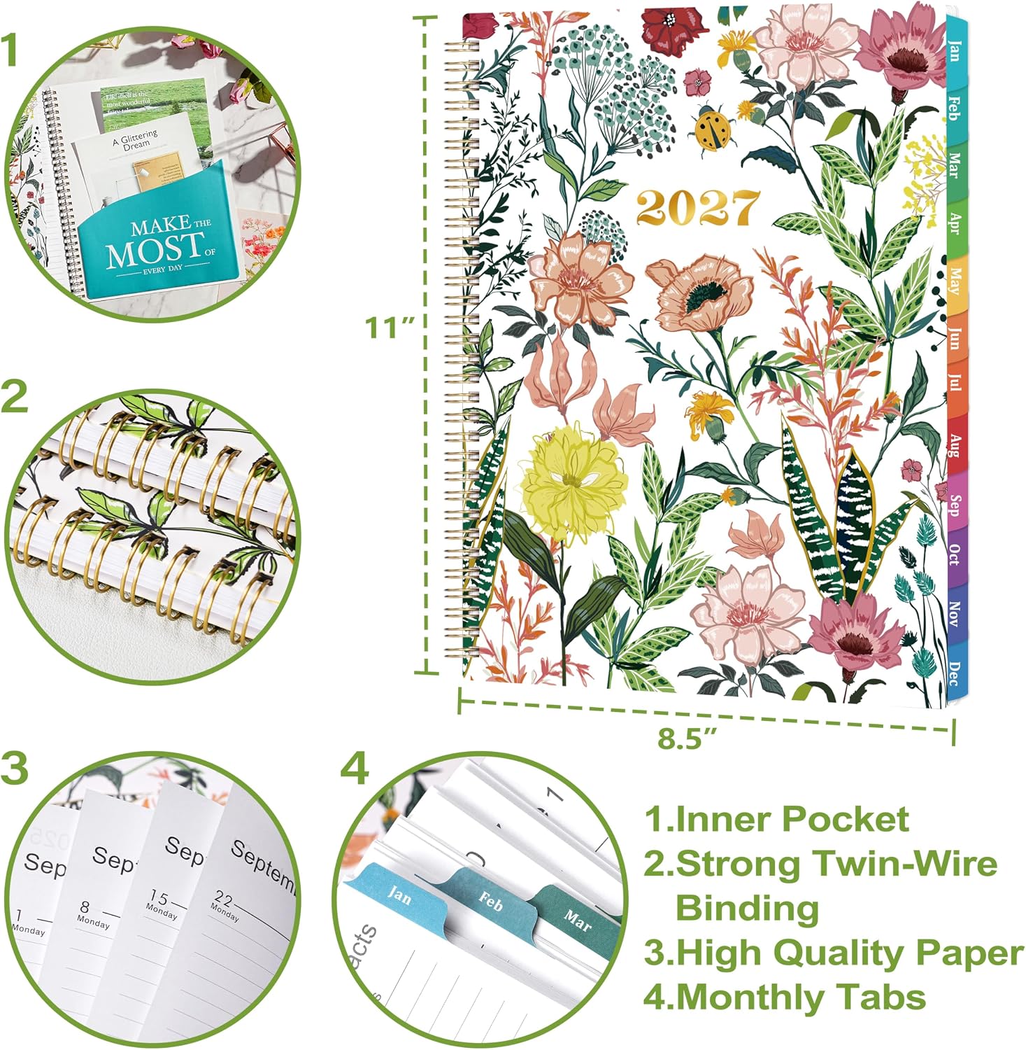 2027 Planner – Weekly ＆ Monthly Planner 2027, Jan. 2027 – Dec. 2027, 8.5" x 11" with Colorful Tabs, Flexible Cover, Thick Paper, Twin-Wire Binding, Back Pocket, To-Do ＆ Notes image 3