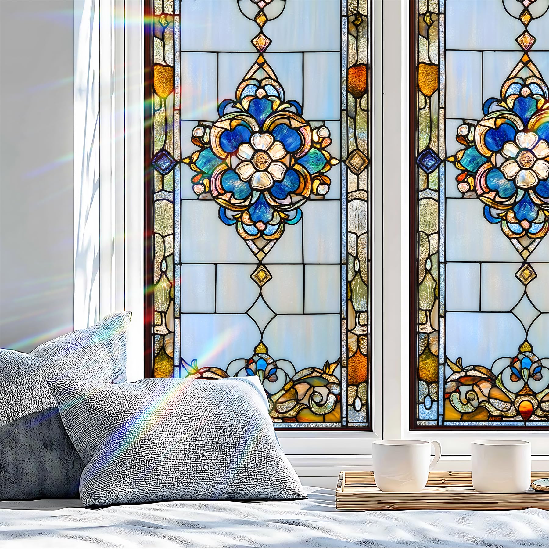 Window Privacy Film, Stunning Sun and Landscape Stained - Glass Mosaic Design, Non - Adhesive Glass Window Covering, Vibrant Summer Decor (H3742)