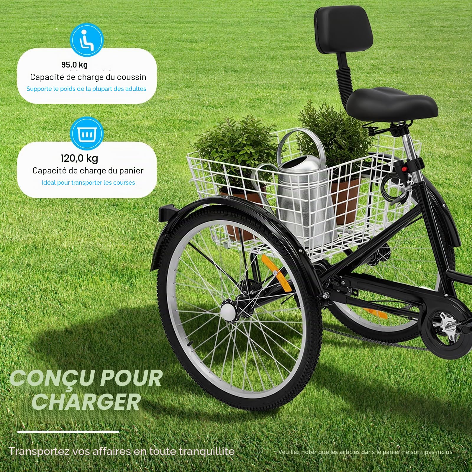 MccoMMon Vélo à trois roues de 24 pouces pour adultes, tricycle pliable à 7 vitesses, hauteur réglable, avec dossier et panier de courses, convient aux personnes d'âge moyen et aux personnes âgées