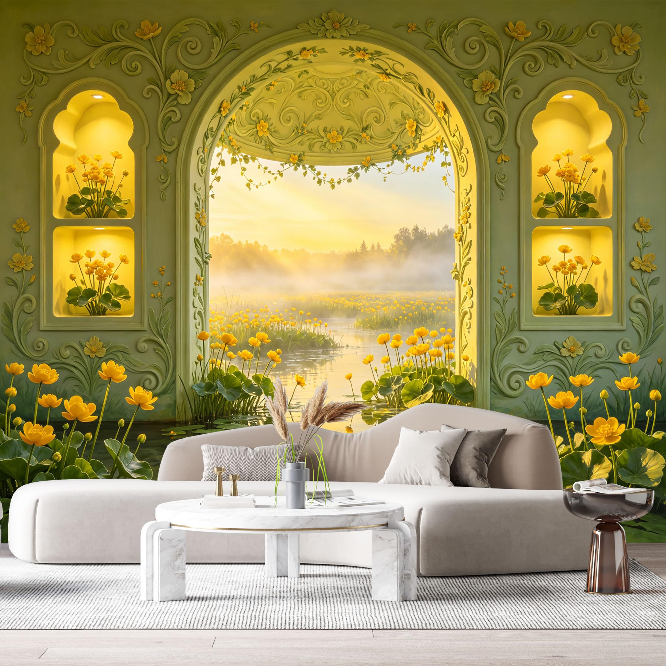 Custom Size Wall Murals Misty Landscape Lotus Flower Archway 3D Trompe L'Oeil SelfAdhesiveWall Fabric Removable Wallpaper Wall Decor for Living Room Bedroom Bathroom