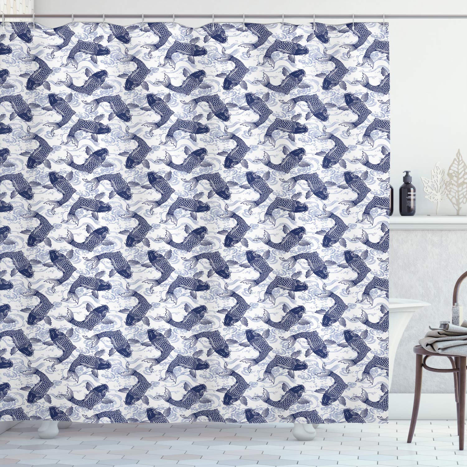 ABAKUHAUS Fish Shower Curtain, Japanese Carp Koi Wave Patterned Background Ancestral Animals Culture, Cloth Fabric Bathroom Decor Set with Hooks, 94 Inches, Dark Blue White — image 1
