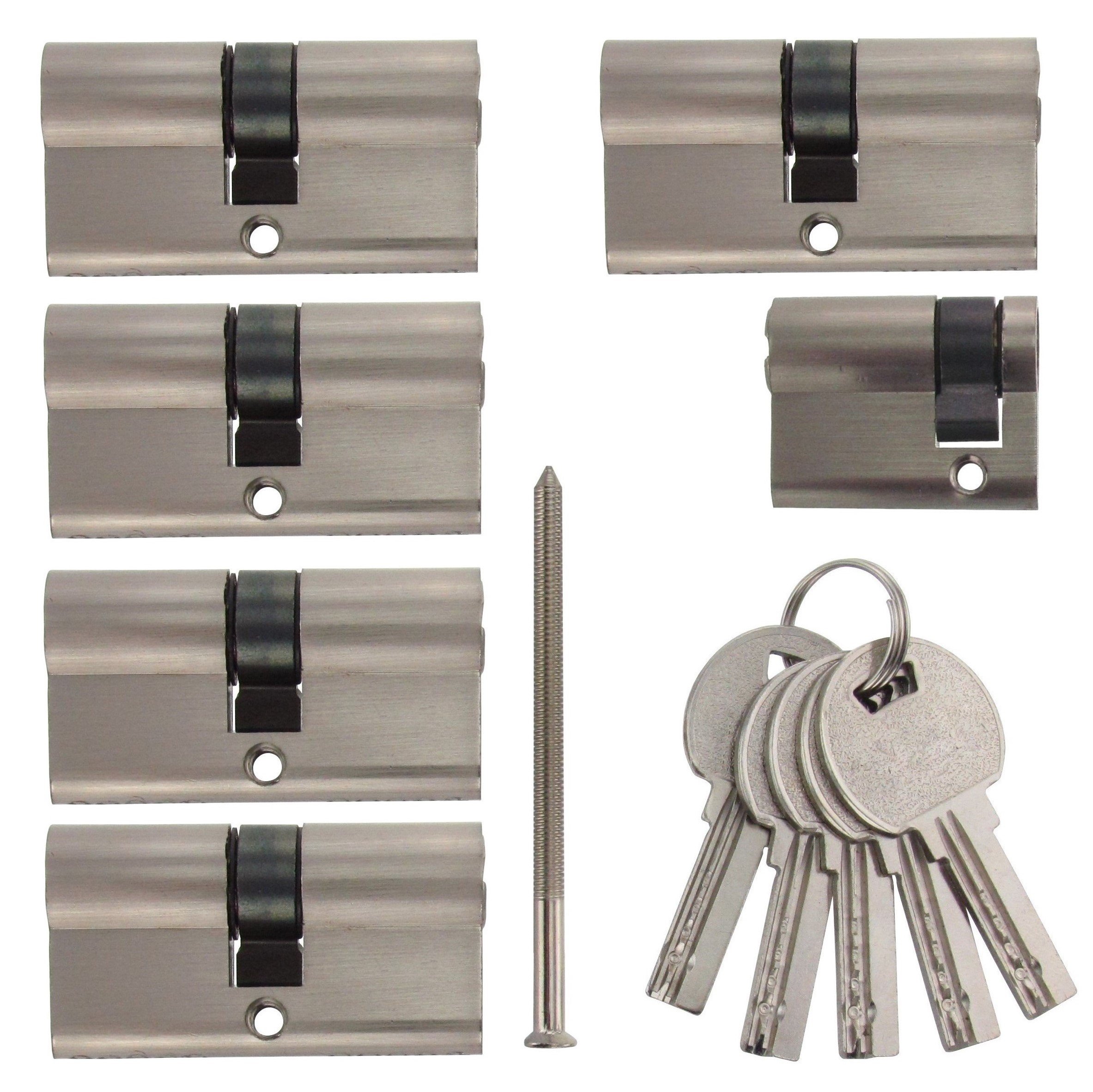 6x Zylinderschloss gleichschließend: 5x 60mm 30/30 Doppelzylinder, 1x 40mm 30/10 Halbzylinder inkl. 10 Schlüssel