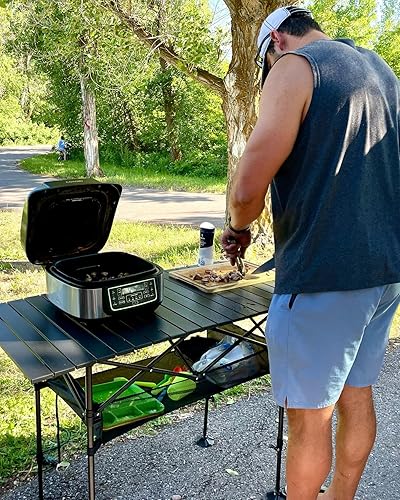 Miniatura 2 de LET'S CAMP Mesa de camping plegable, mesa portátil de aluminio enrollable para picnic con altura ajustable, gran bolsa de almacenamiento y