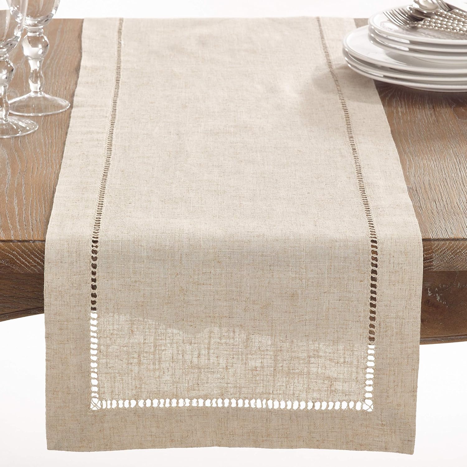 SARO LIFESTYLE Poly and Linen Blend Hemstitched Table Runner with Hemstitch Border, Natural, 16"x72" : Home & Kitchen