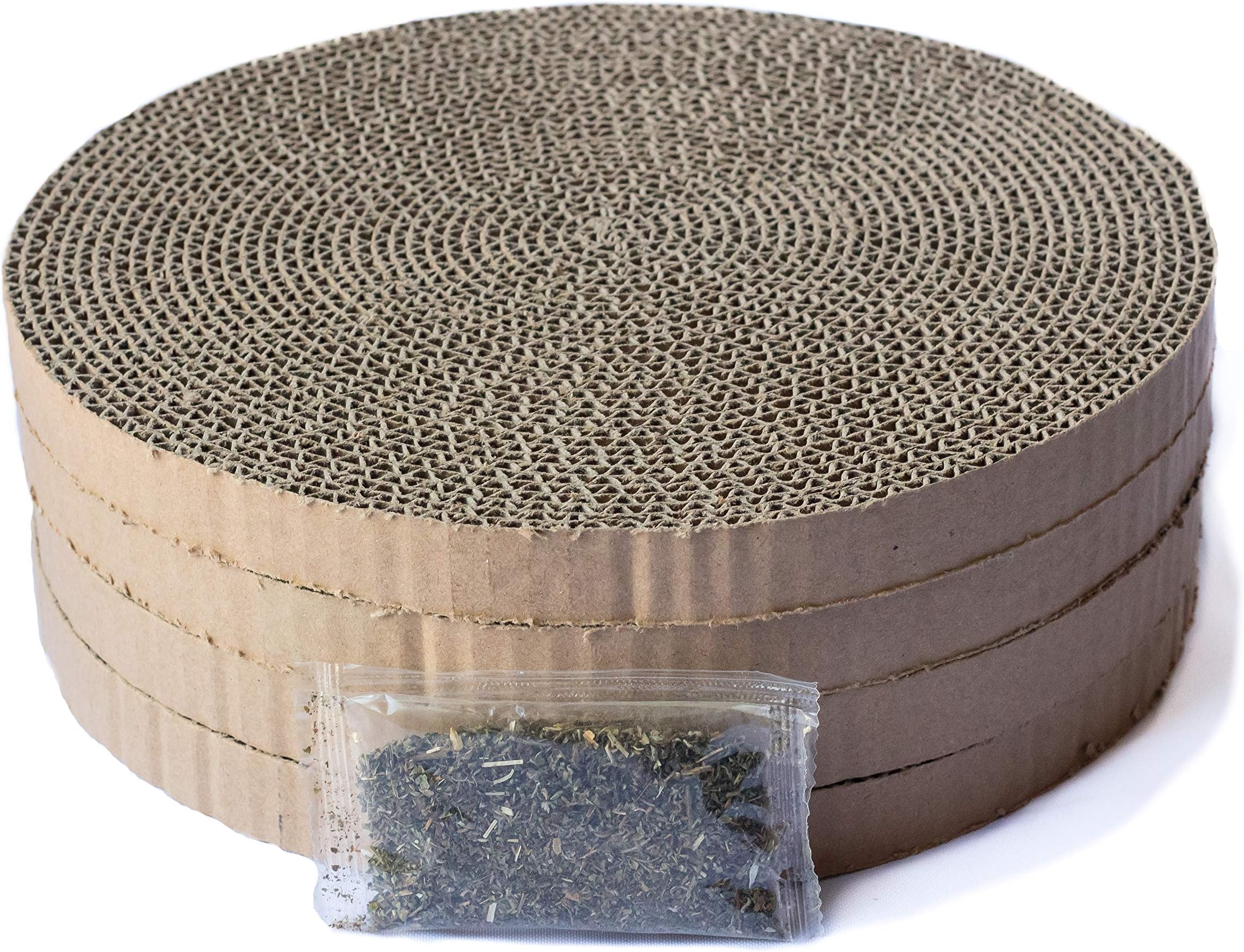 Happy Pet Ideas 4 Pack Round Durable Cardboard Cat Scratcher Replacement Pads Reversible Refills with Catnip, 10.25 inches x .75 inch
