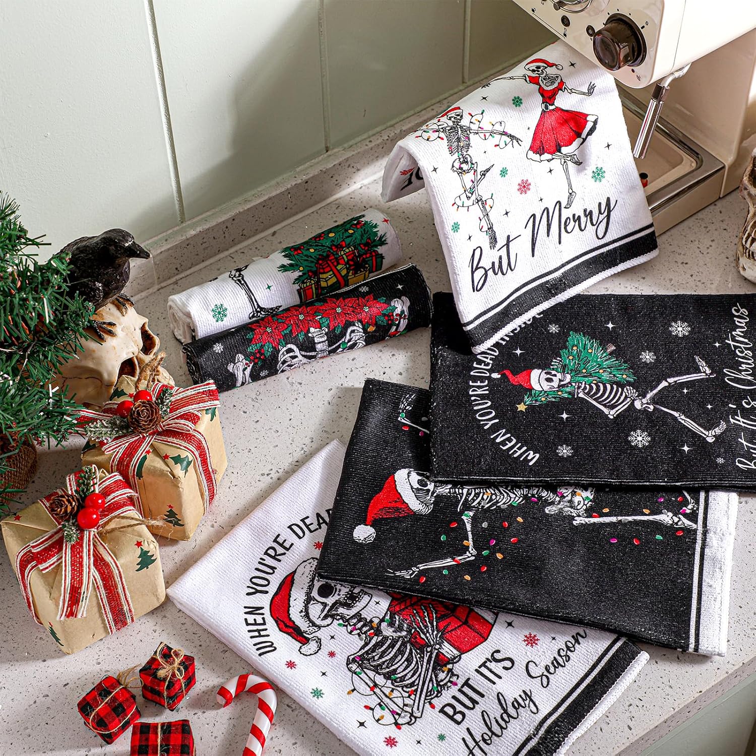 Preboun 6 Pcs Gothic Christmas Kitchen Towels Black and White Dish Cloth Xmas Skeleton Hand Towels Decorative Farmhouse Tea Cloth Absorbent for Holiday Kitchen Bathroom Decor - Image 6