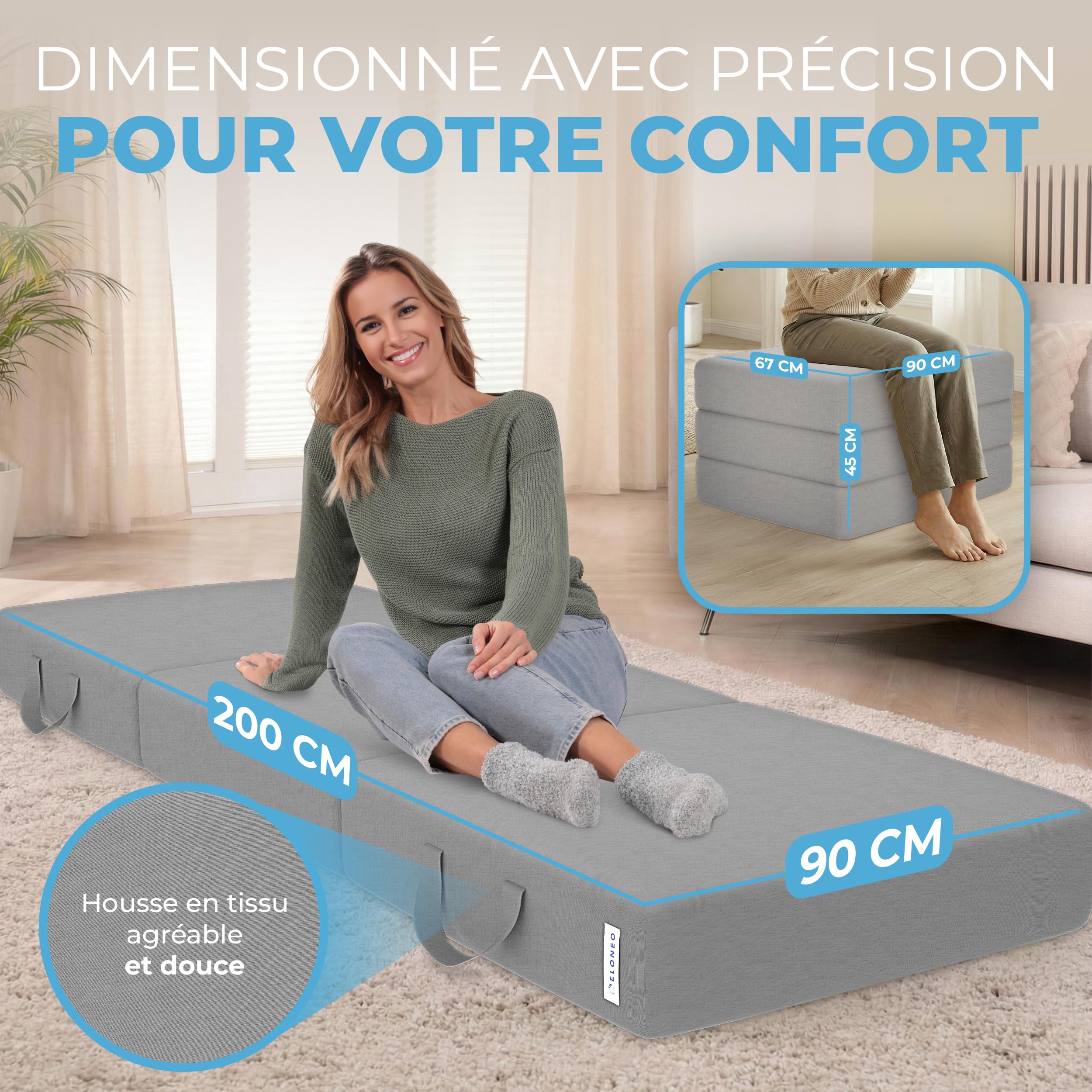 ELONEO Matelas Pliant, Matelas d'Appoint Pliable en 3 Parties, Mousse Extra Épaisse (15 cm), Lavable, Cube Intervertébral, Matelas Pliable, pour Adulte, 1 Personne (Gris, 90 x 200 x 15 cm)