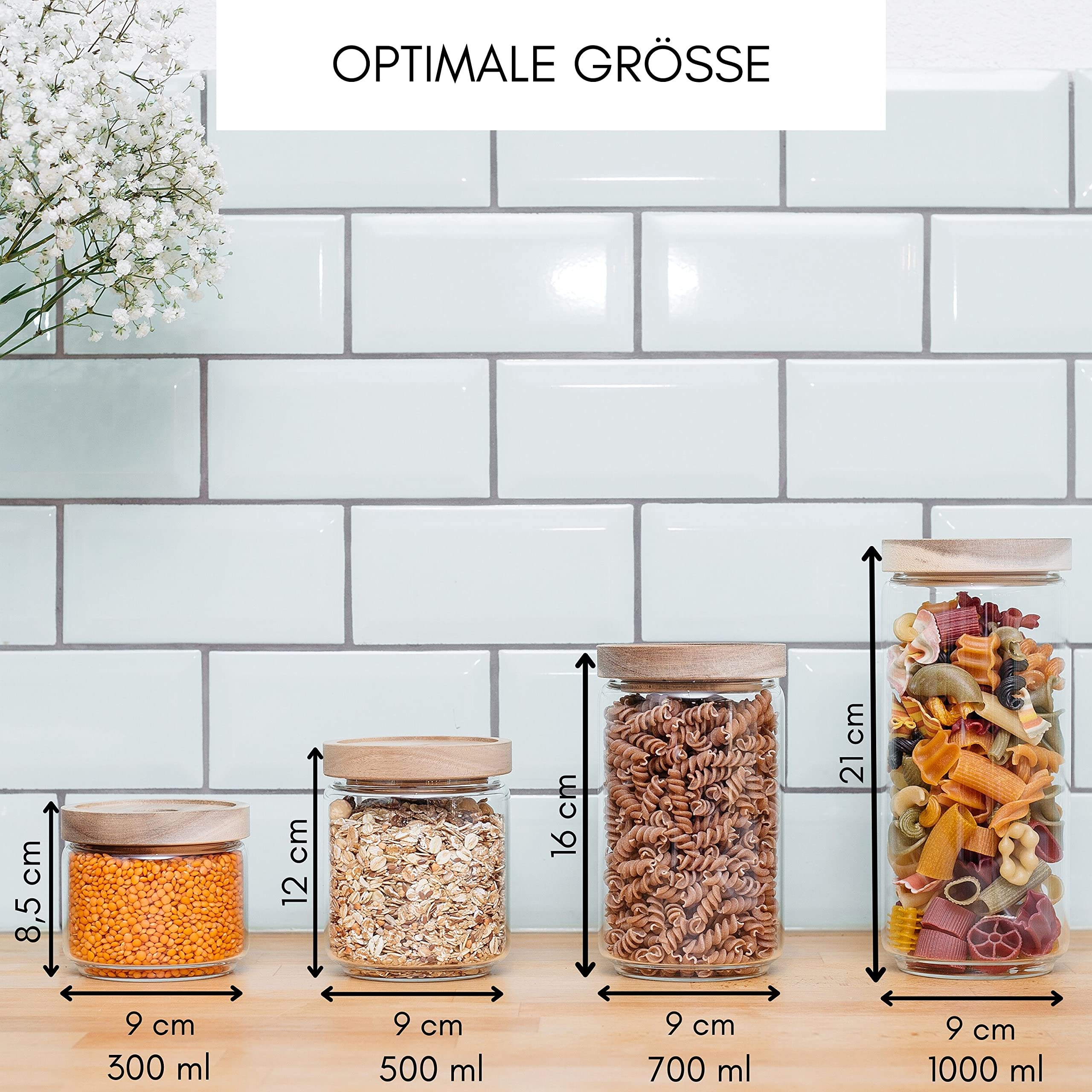 Econovo® Juego de tarros con tapa (4 piezas) de vidrio de borosilicato con tapa de madera, apilables y herméticos, juego de recipientes de cristal para alimentos, 1000 ml/700 ml/500 ml/300 ml