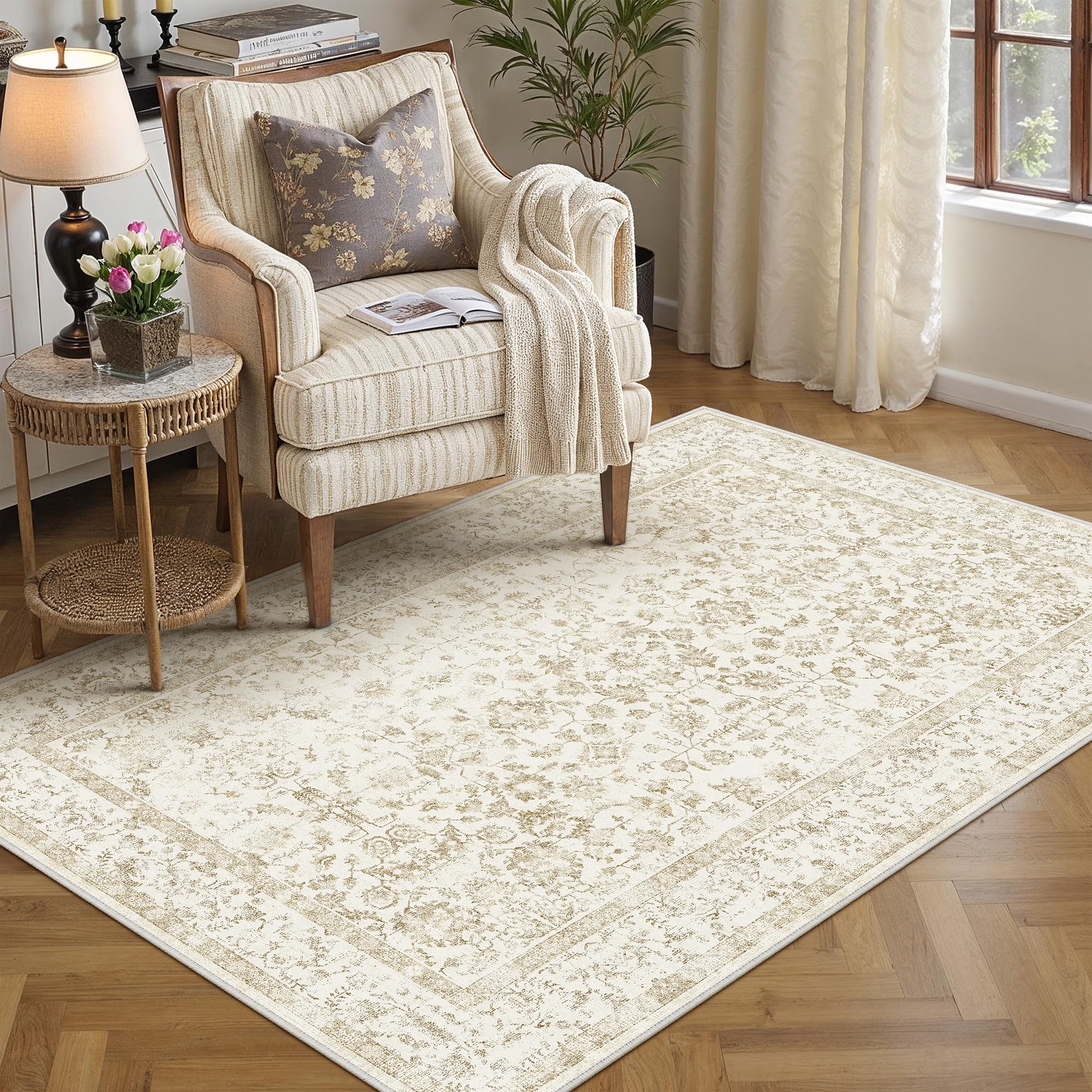 PureCozy 140x200 cm Washable Beige Rugs Living Room Vintage Distressed Floral Area Rugs with Non-Slip Backing, Machine Washable, Lightweight Low Pile Carpet for Bedroom Office Dining Room Dorm