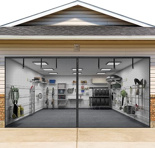 Fueti Pantalla de puerta de garaje para 2 autos, 16 x 7 pies, cierre magnético, pantalla inferior pesada resistente con malla de fibra de vidrio