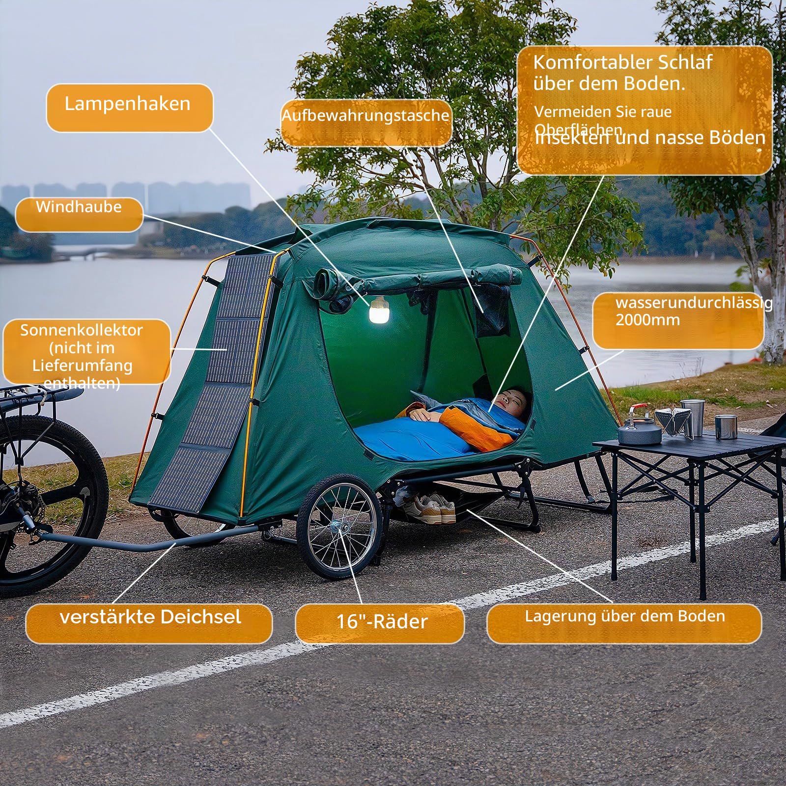 Elektrisches Fahrrad-Camper Trailer-Zelt, zusammenklappbar, wasserdicht, 40,6 cm (16 Zoll), PU2000 mm, Quick 2 Min. Einstellung, erhöhter Schlaf mit 