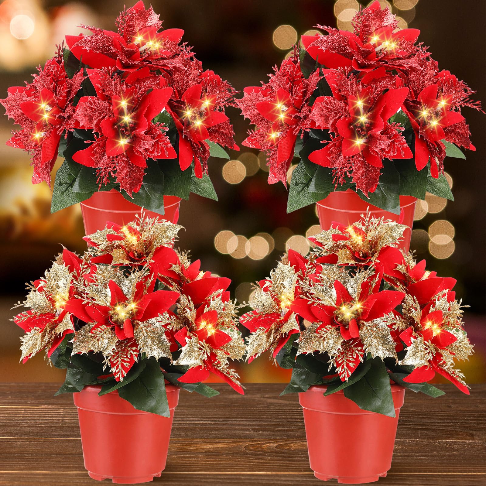 Yuxung 4 Pack Lighted Poinsettia Flowers Potted Red Christmas Artificial Poinsettia Plant Decorations Faux Poinsettia Potted Battery Operated Indoor Outdoor Home Xmas Decor