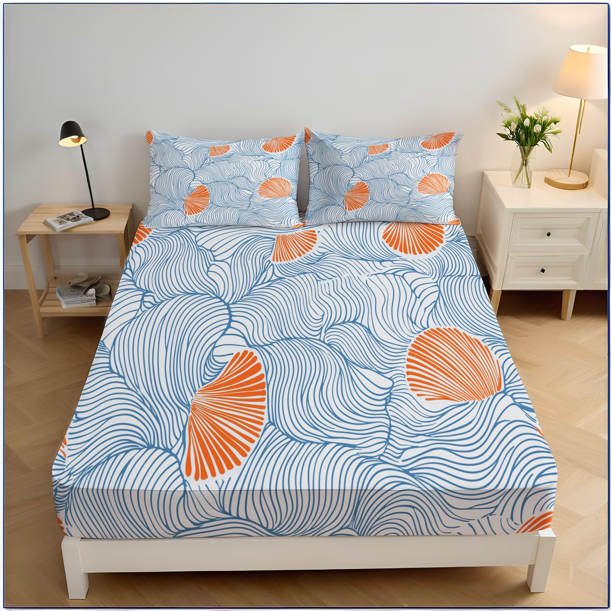 Drap housse 90x190 microfile bleu clair au motif vagues de coquillages