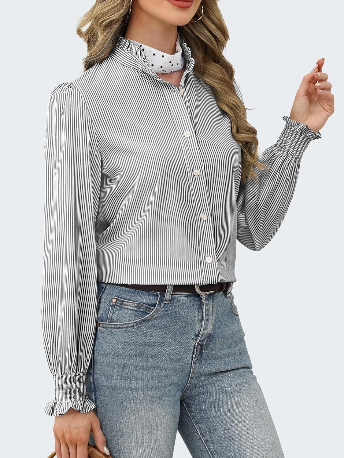 Funlingo Women's Striped Button Down Shirts Long Sleeve Smocked Cuffed Ruffle Collar Blouses Spring Work Business Casual Tops - Image 3