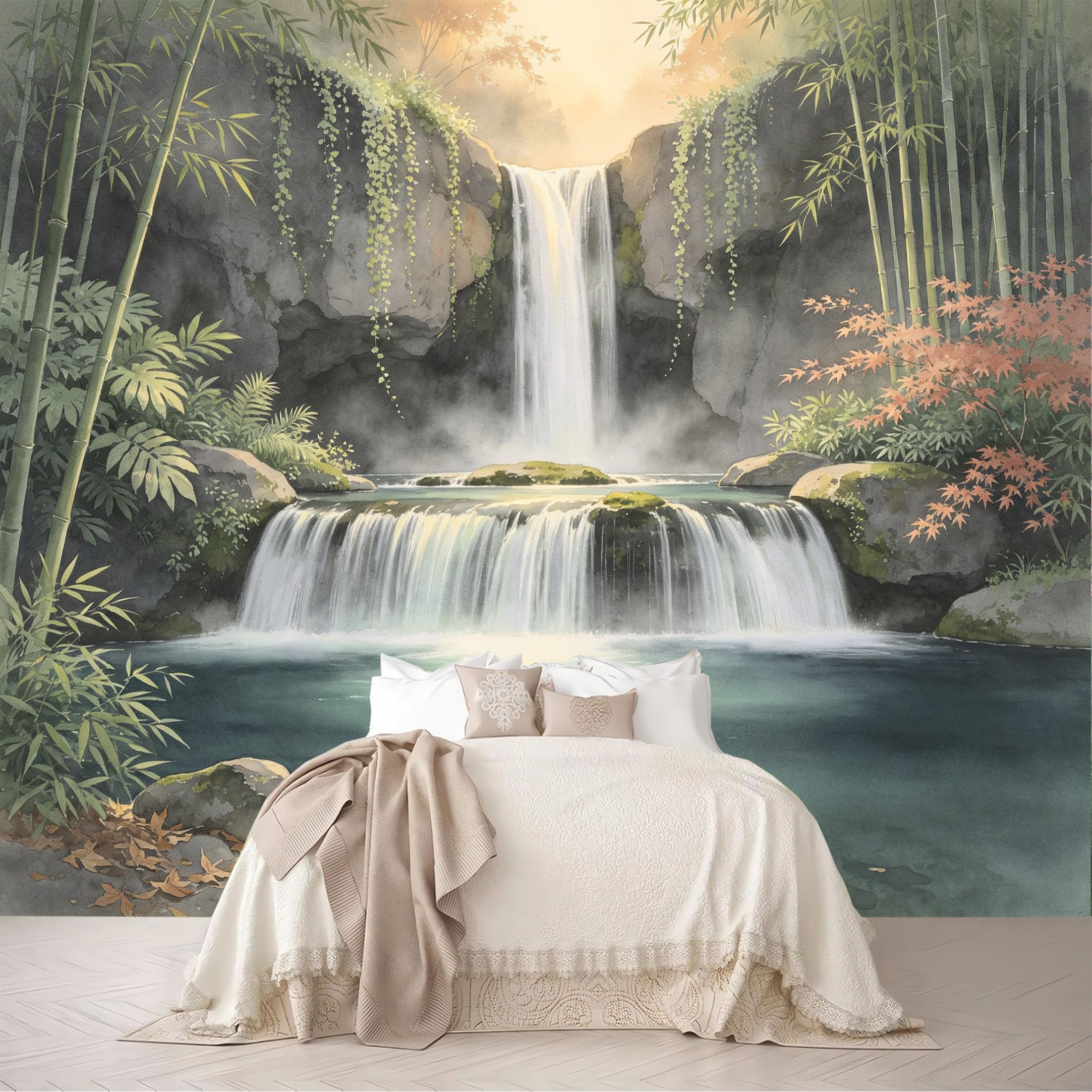 Custom Size Wall Murals Bamboo Maple Multi Tier Waterfall Watercolor Removable Self-Adhesive for Bedroom Living Room Dining Room