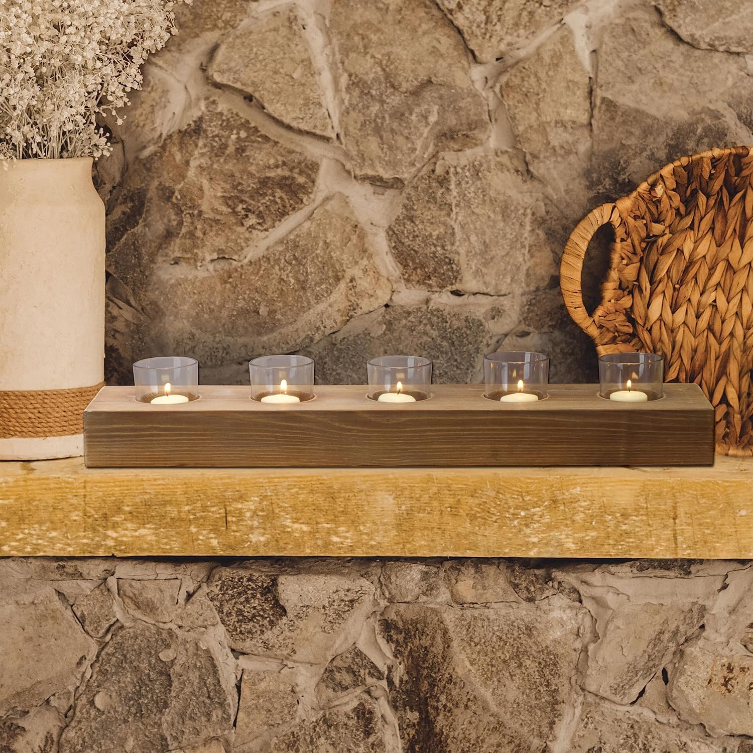 Rustic Natural Wood and Glass 23" Linear Candle Holder