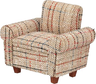 Dollhouse Sofa Armchair Upholstered, Miniature Living Room Furniture Chair, Fabric, Accessories for 6 inch Dolls, 1/12 Scale Beige Retro